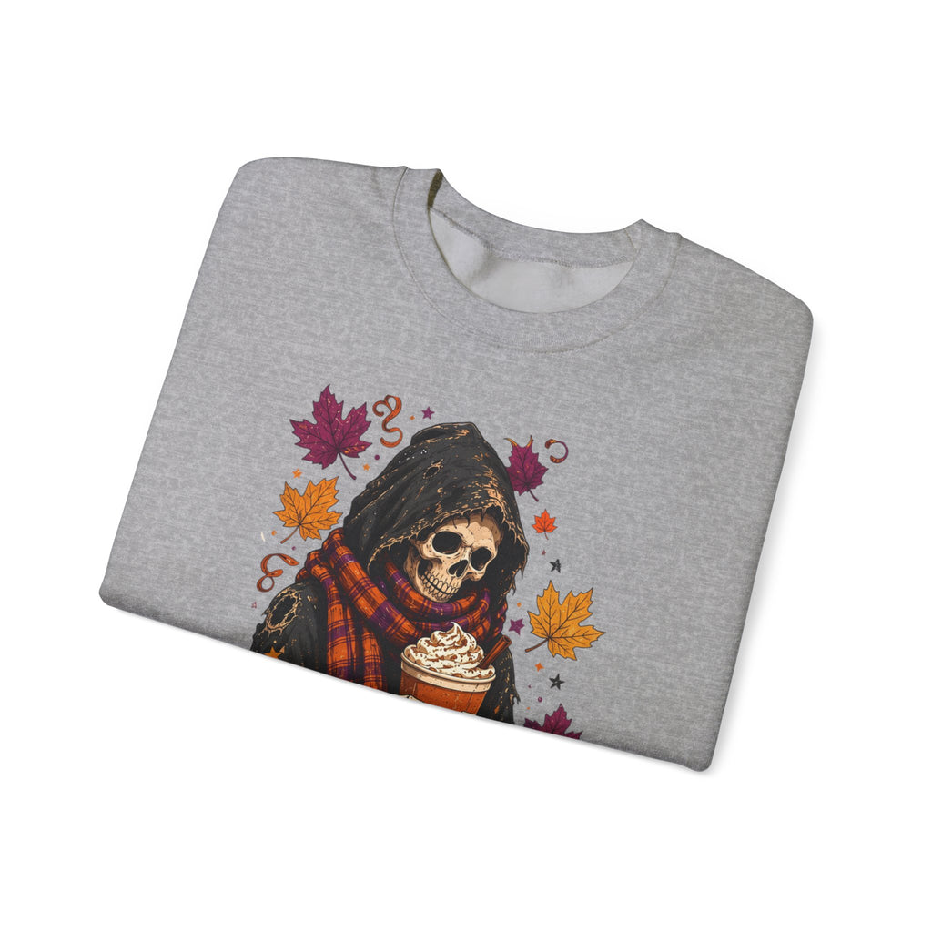 Sport Grey crewneck sweatshirt folded to show the hooded skeleton holding a pumpkin spice drink print