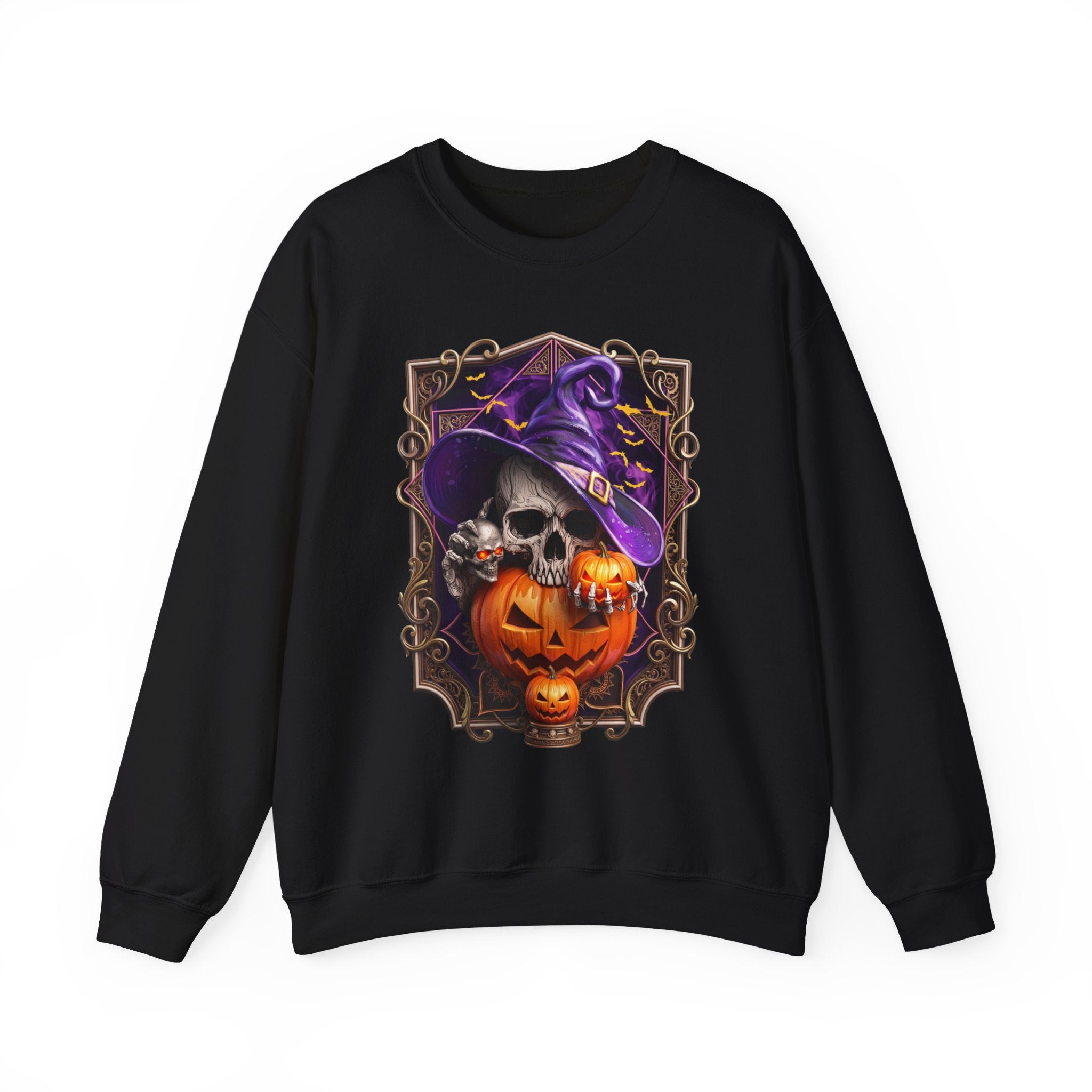 Black crewneck sweatshirt laid flat, printed with a skull in a slouchy purple witch hat peers out
