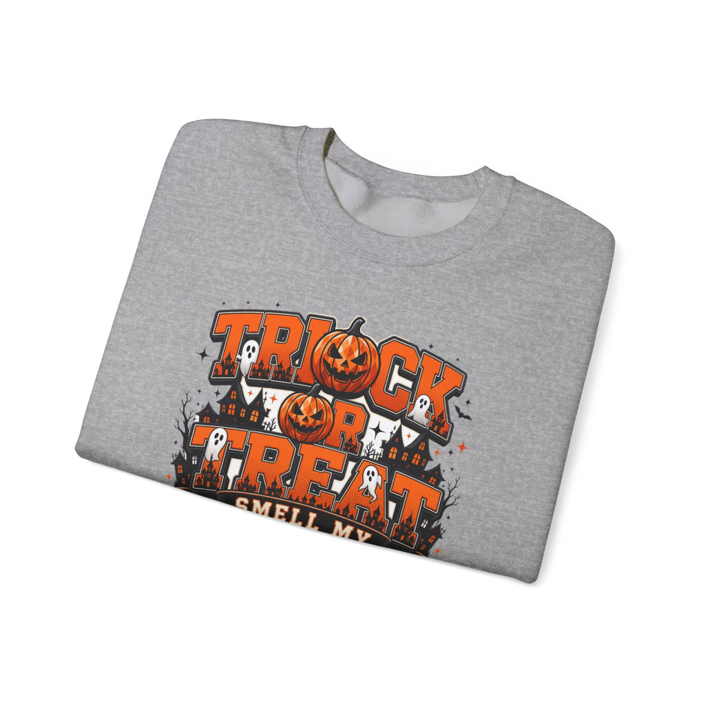 Sport Grey crewneck sweatshirt folded to show the stacked orange and black lettering spells out the classic print