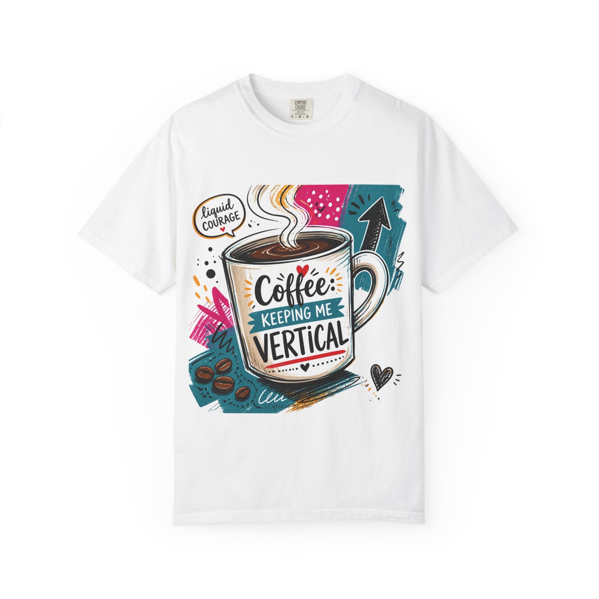 White t-shirt laid flat, printed with a tall striped mug set into a busy retro collage
