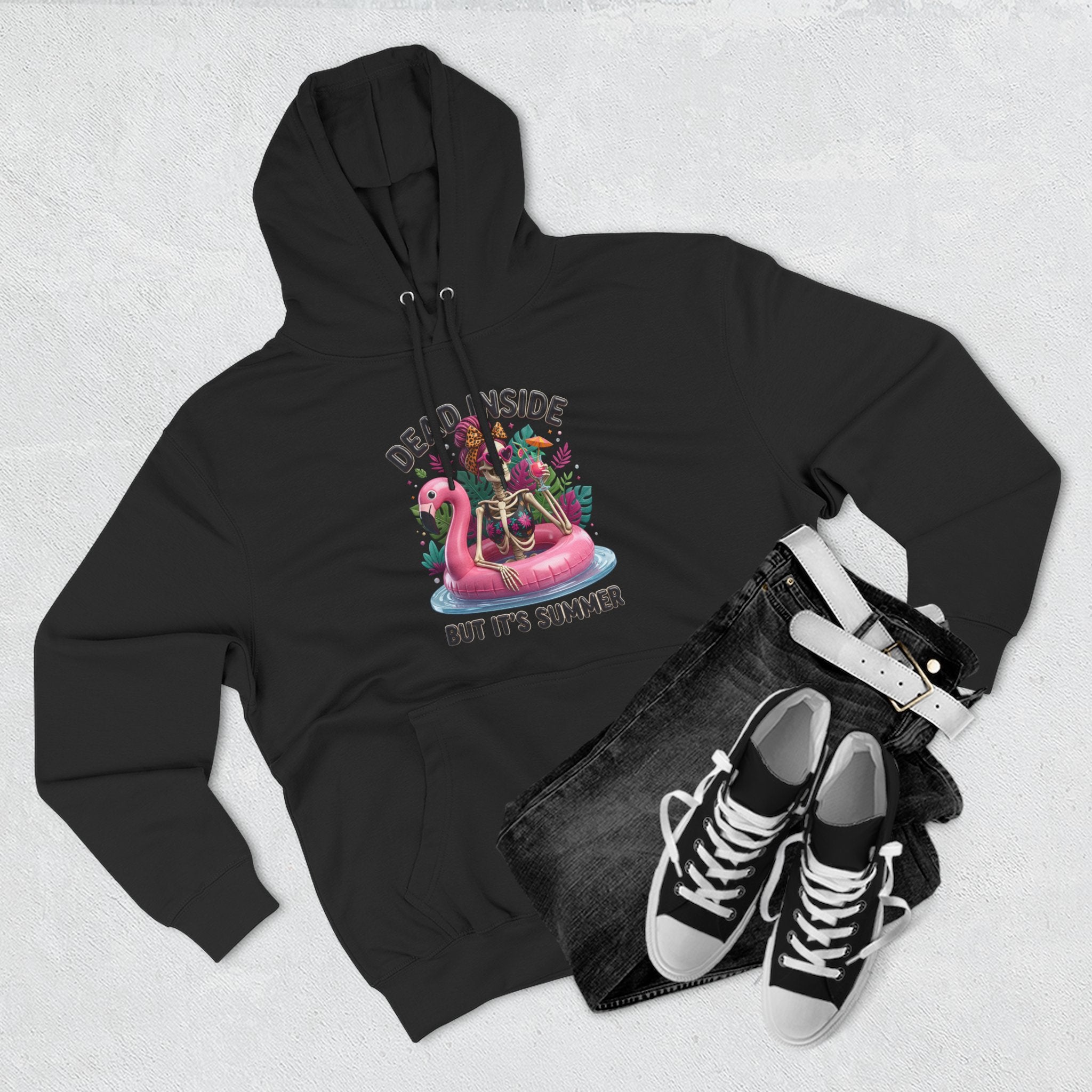 Black hoodie folded to show the deadpan summer joke for people who run cold print