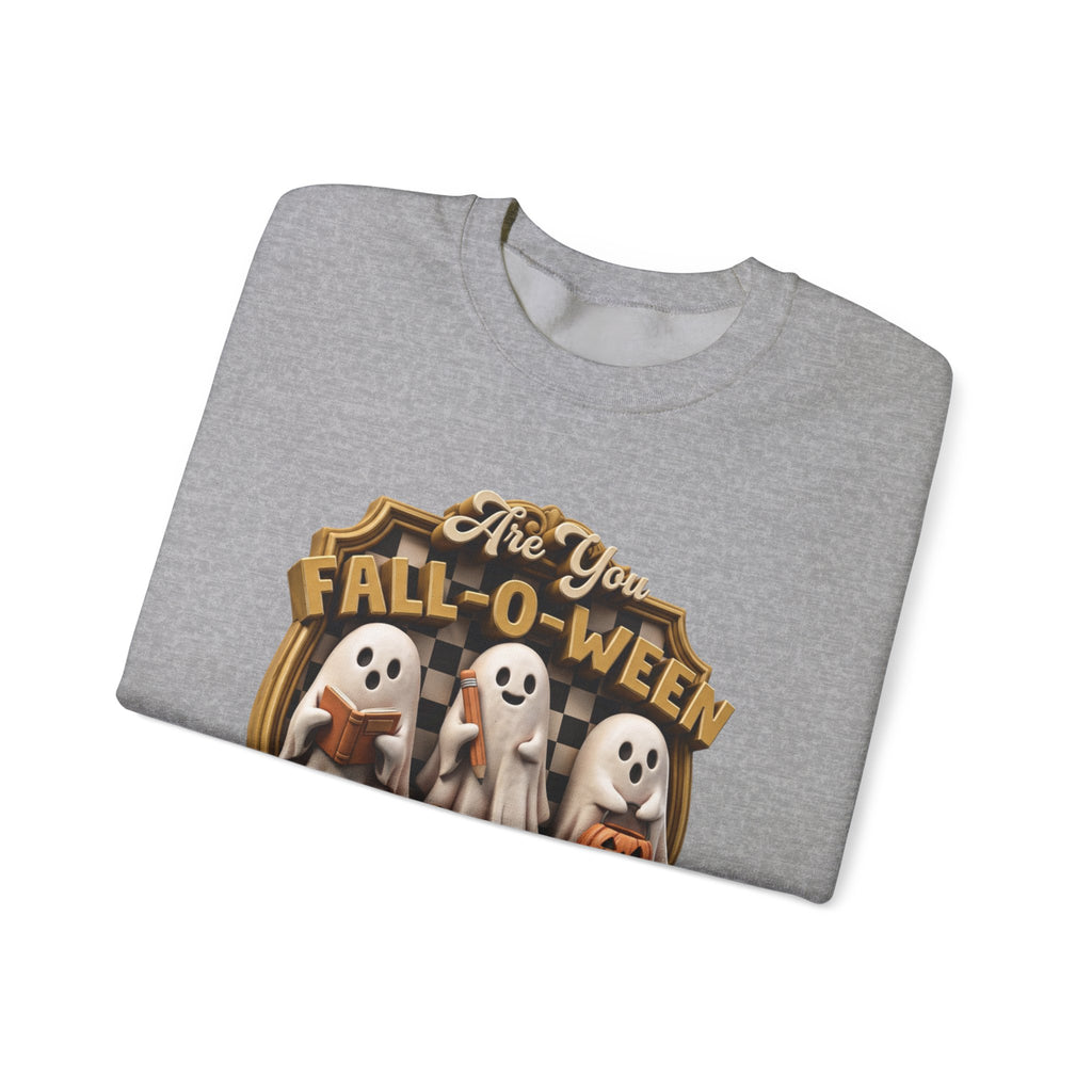 Sport Grey crewneck sweatshirt folded to show the three little sheet ghosts read a book and carry print
