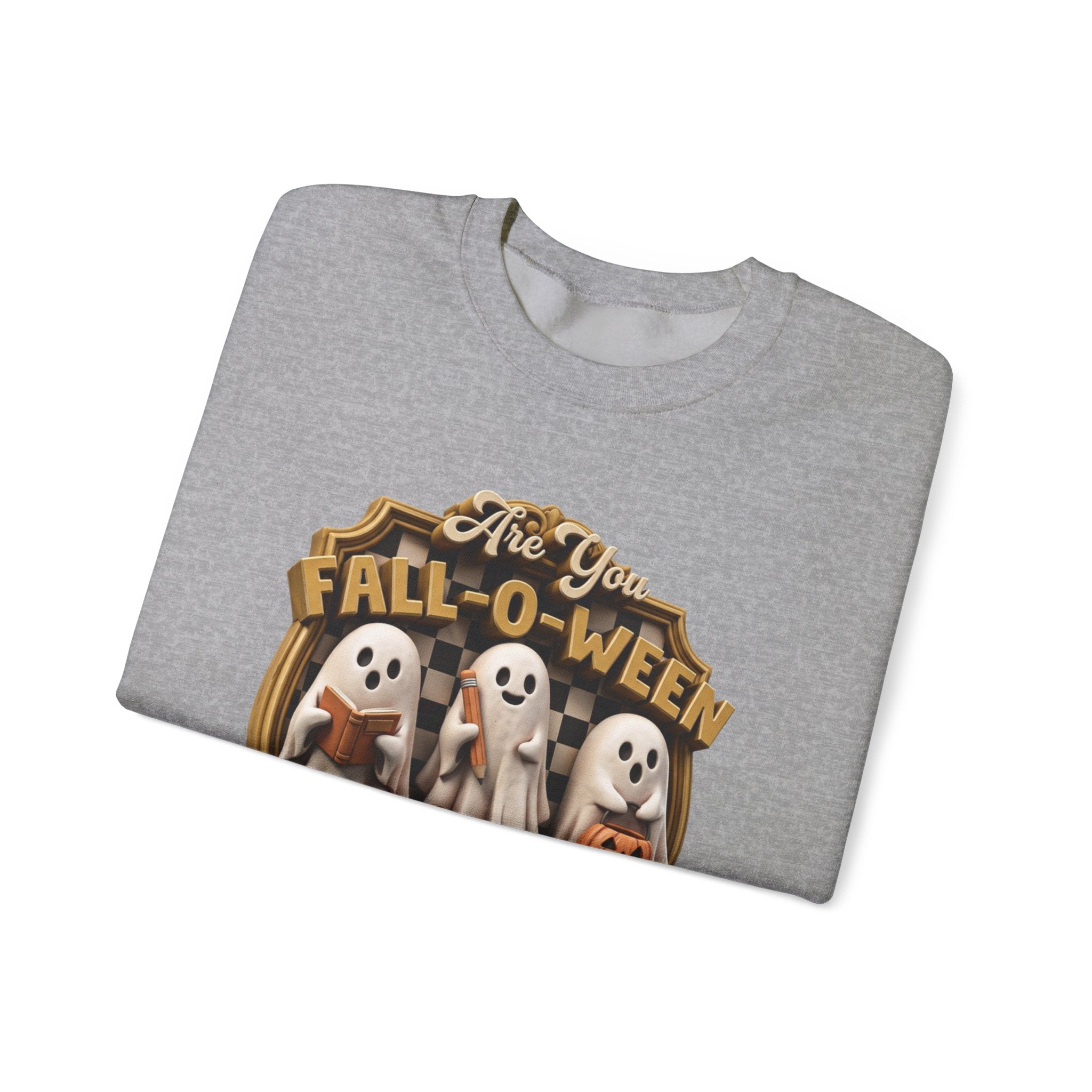Sport Grey crewneck sweatshirt folded to show the three little sheet ghosts read a book and carry print