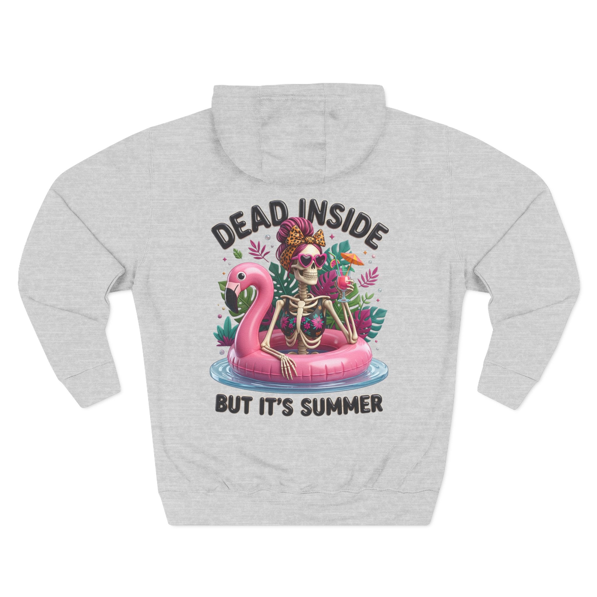 Heather Grey hoodie, plain back — retro pink skeleton on the front