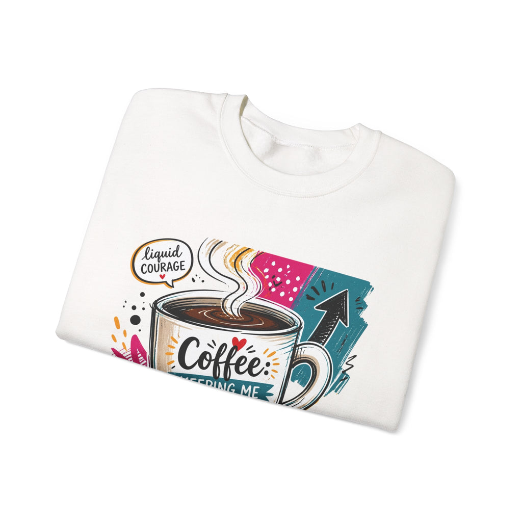 White crewneck sweatshirt folded to show the striped coffee mug in a retro paper collage reading print