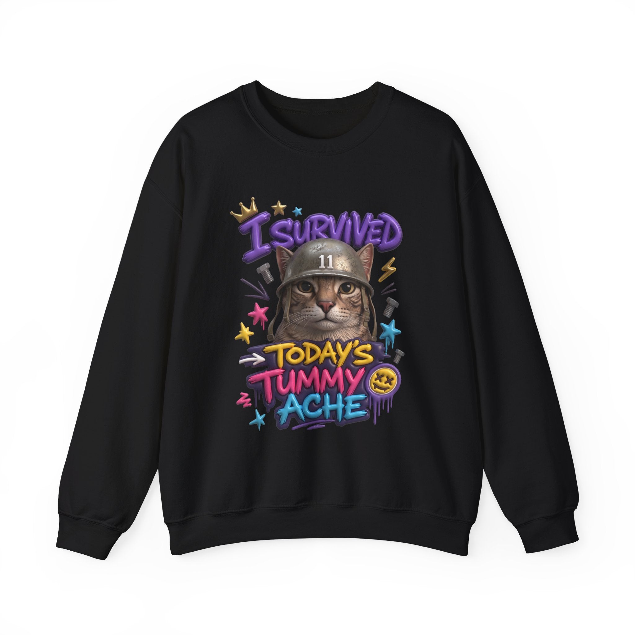 Black crewneck sweatshirt laid flat, printed with a flat-eyed cat wearing a battered steel helmet