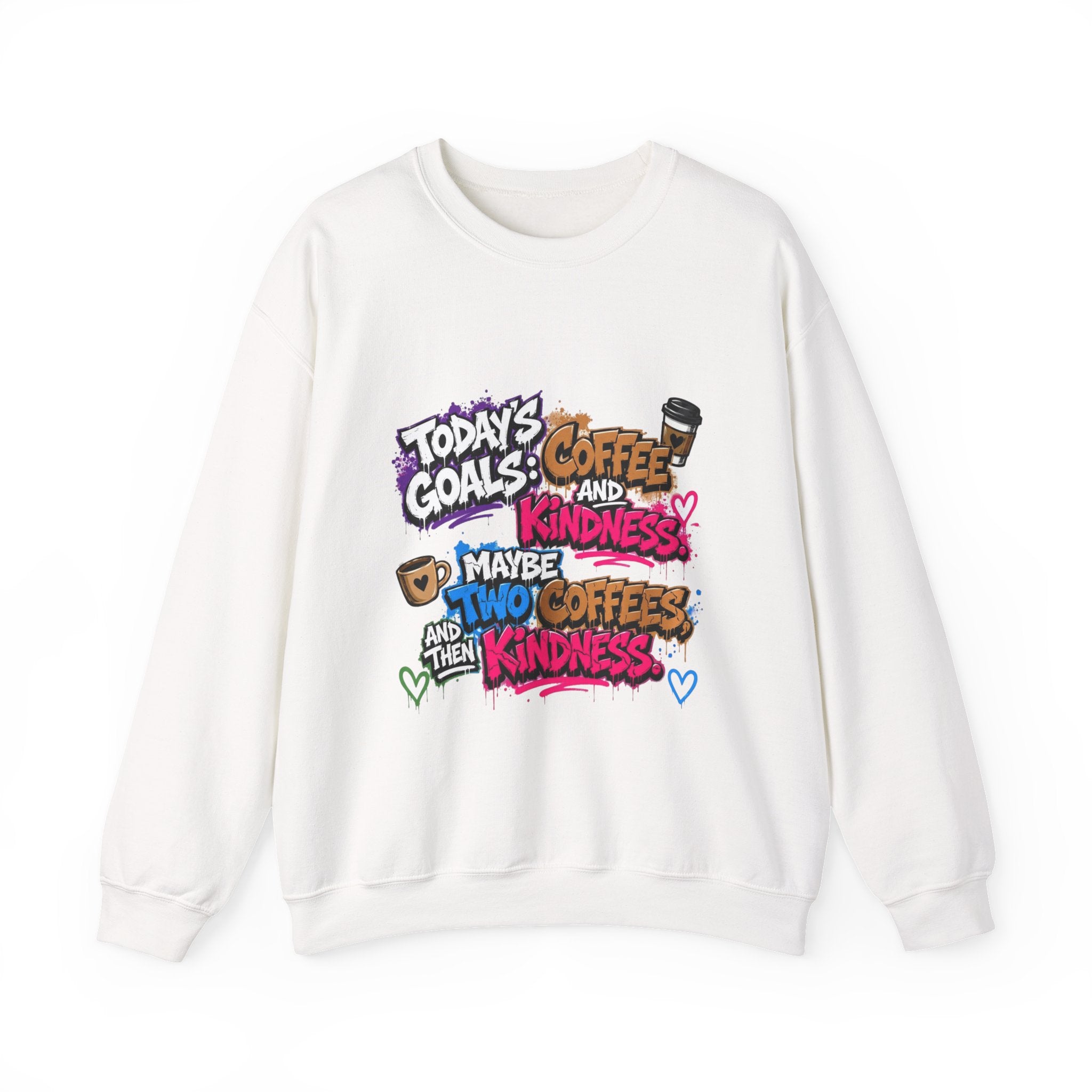 White crewneck sweatshirt laid flat, printed with a stacked graffiti lettering in electric pinks
