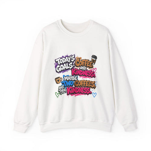 White crewneck sweatshirt laid flat, printed with a stacked graffiti lettering in electric pinks