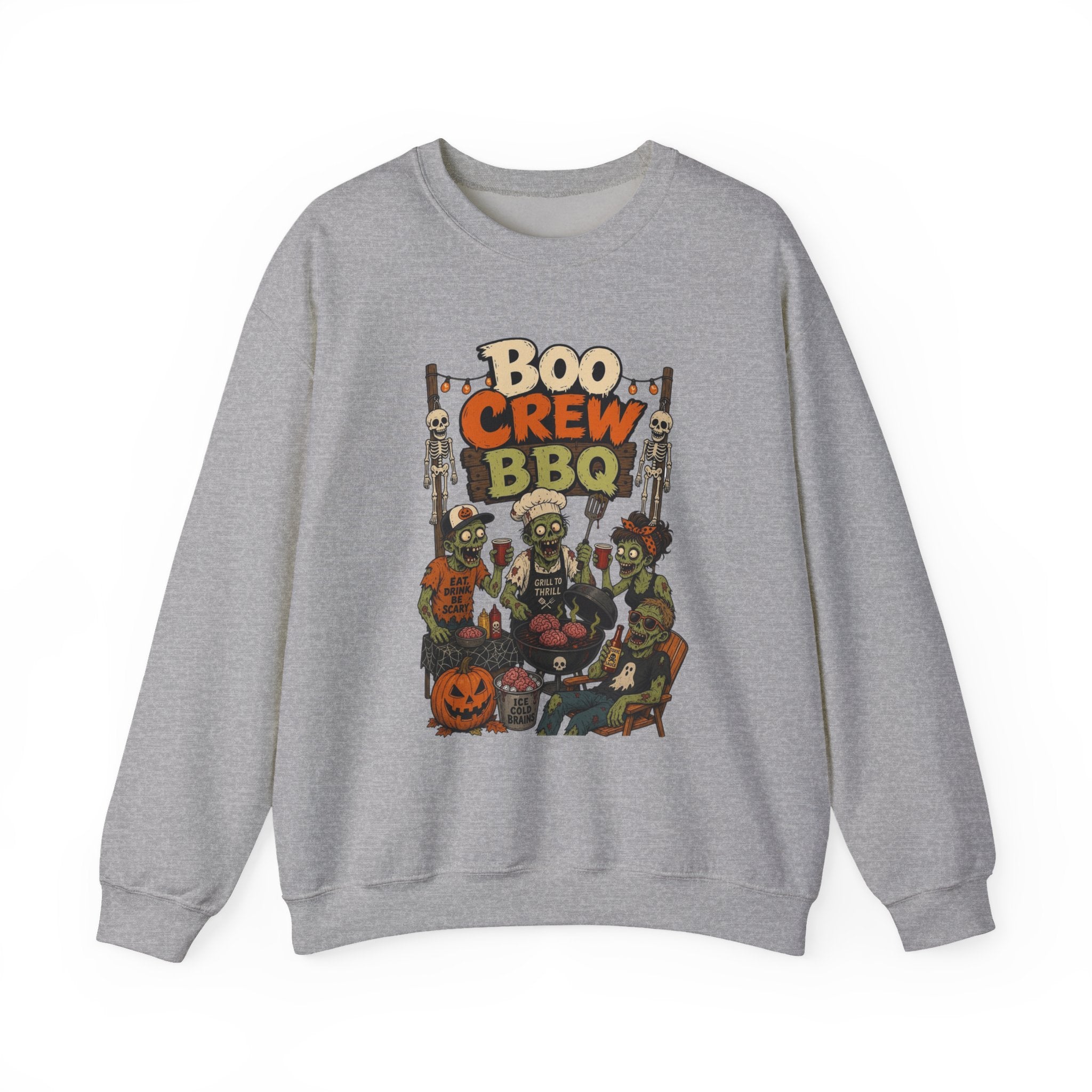 Sport Grey crewneck sweatshirt laid flat, printed with a skeletons and zombies working the grill under a hand-painted