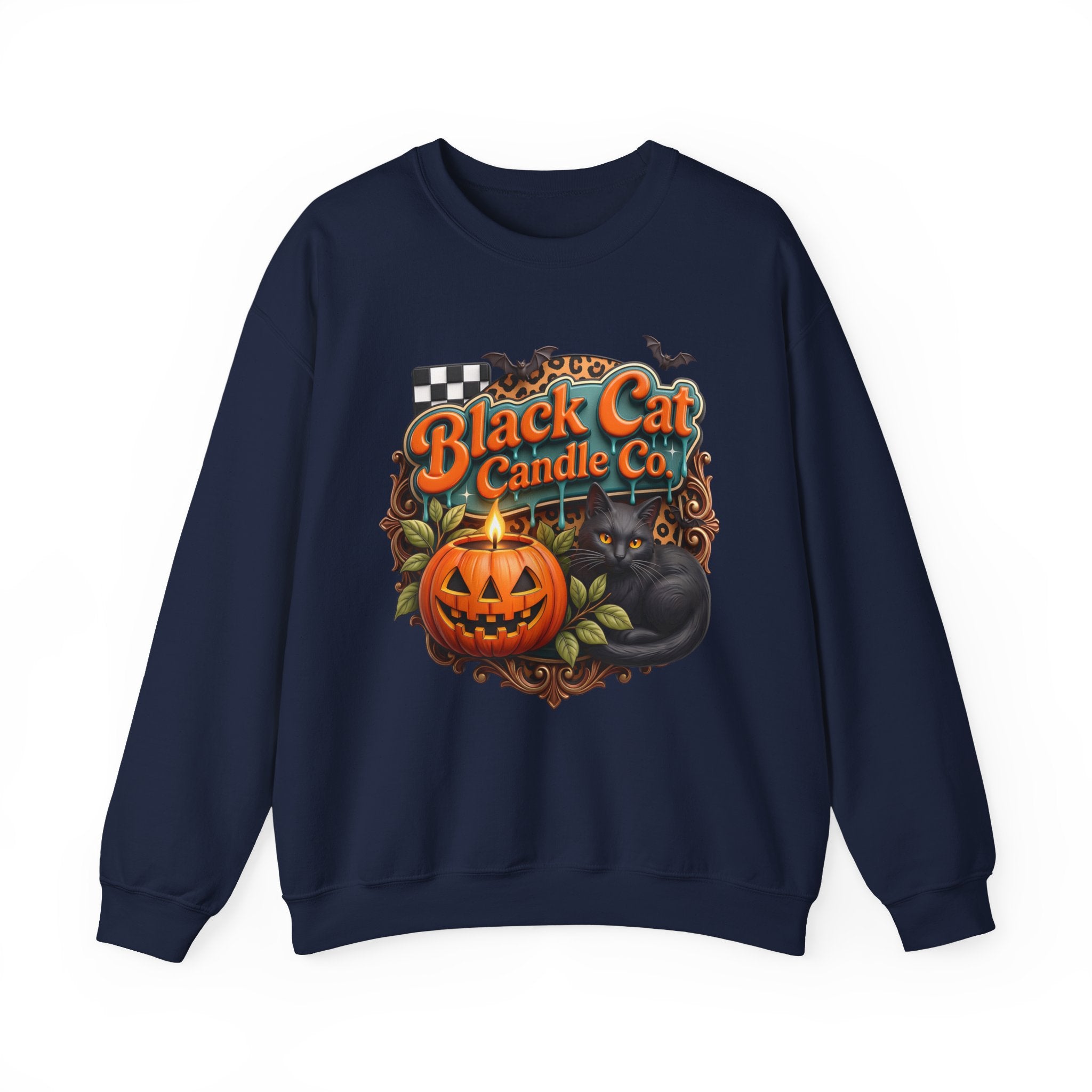 Navy crewneck sweatshirt laid flat, printed with a retro teal signboard reads black cat candle co