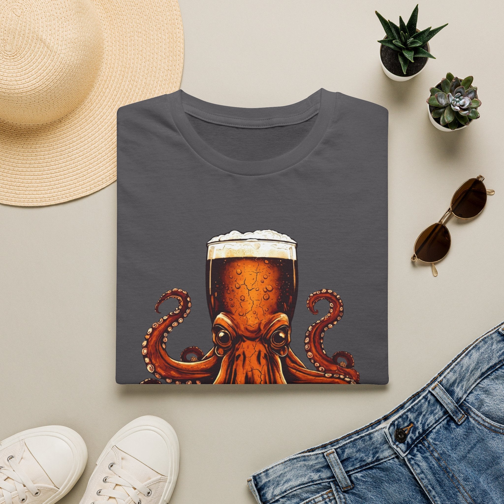 Charcoal t-shirt styled flat with a candle — octopus wrapped around a beer glass
