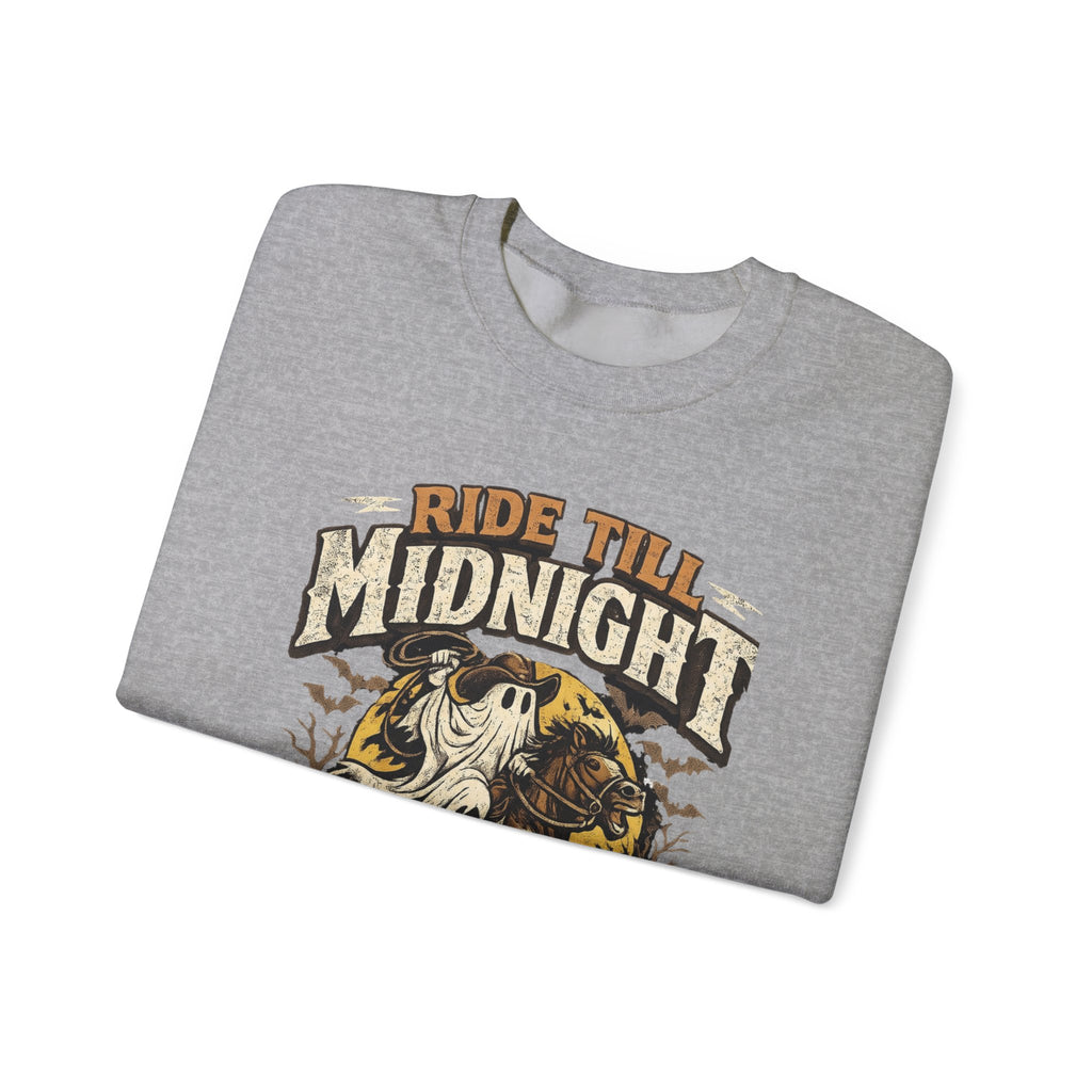 Sport Grey crewneck sweatshirt folded to show the vintage style skeleton on a motorcycle under a banner print