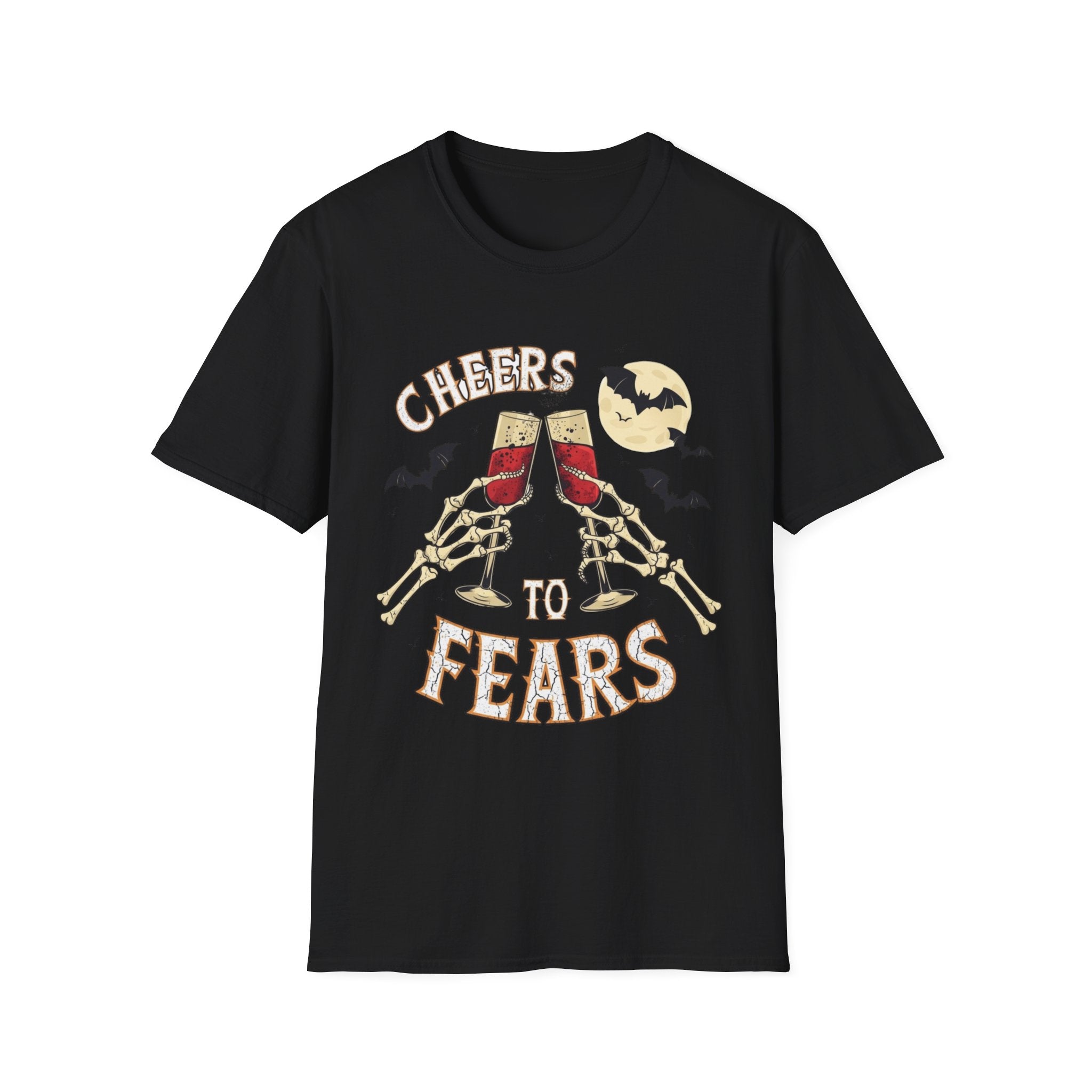 Black t-shirt laid flat, printed with a two skeleton hands toasting champagne glasses with bats above