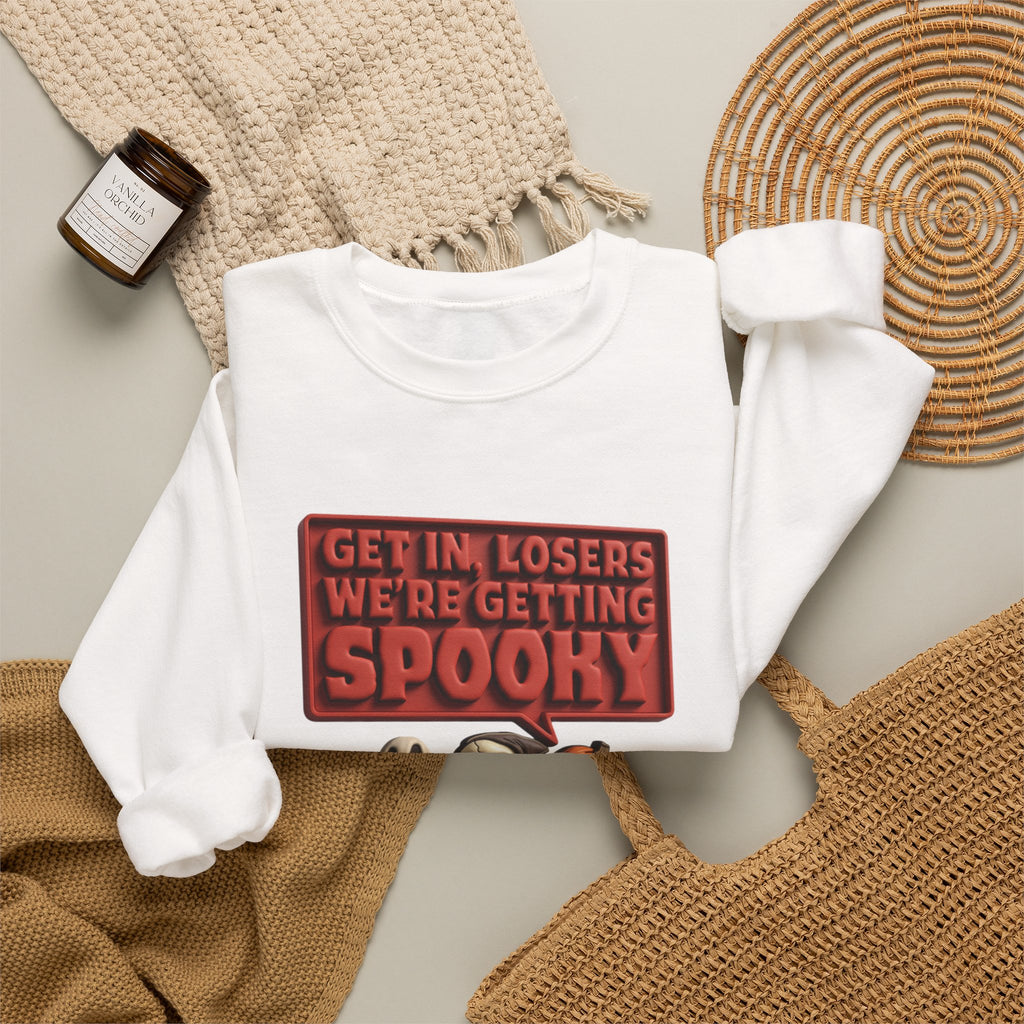 White crewneck sweatshirt styled flat with a candle — ghosts in a retro convertible