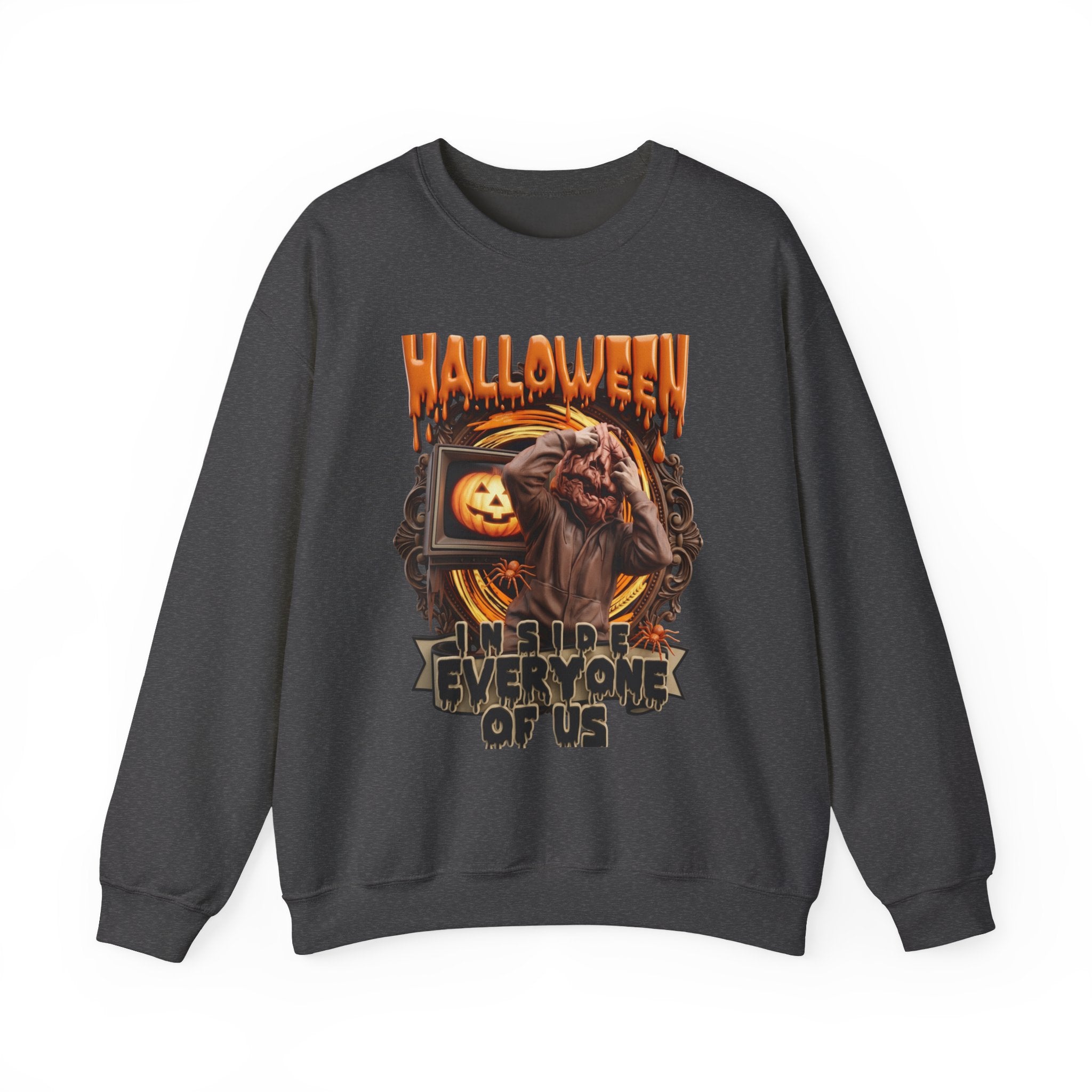 Dark Heather crewneck sweatshirt laid flat, printed with a hunched monster claws at its own head