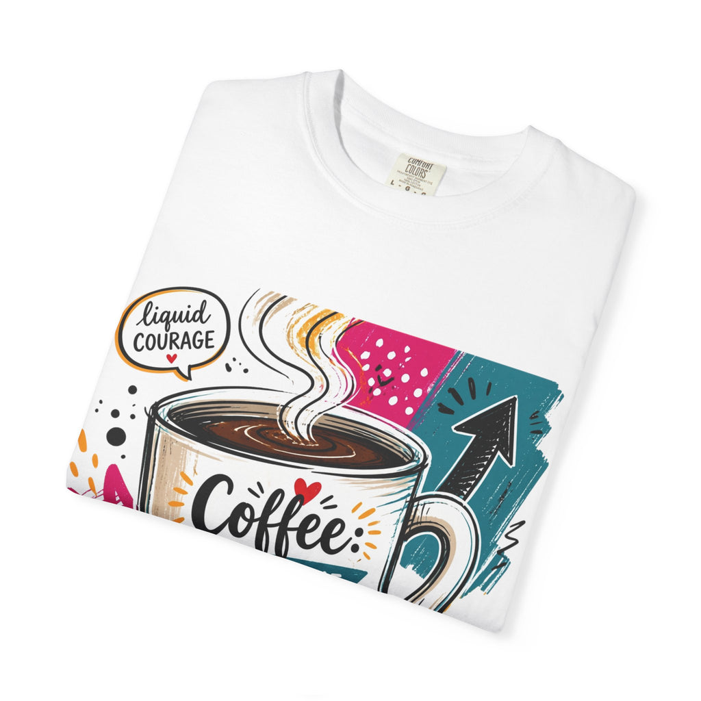 White t-shirt folded to show the tall striped mug set into a busy retro collage print