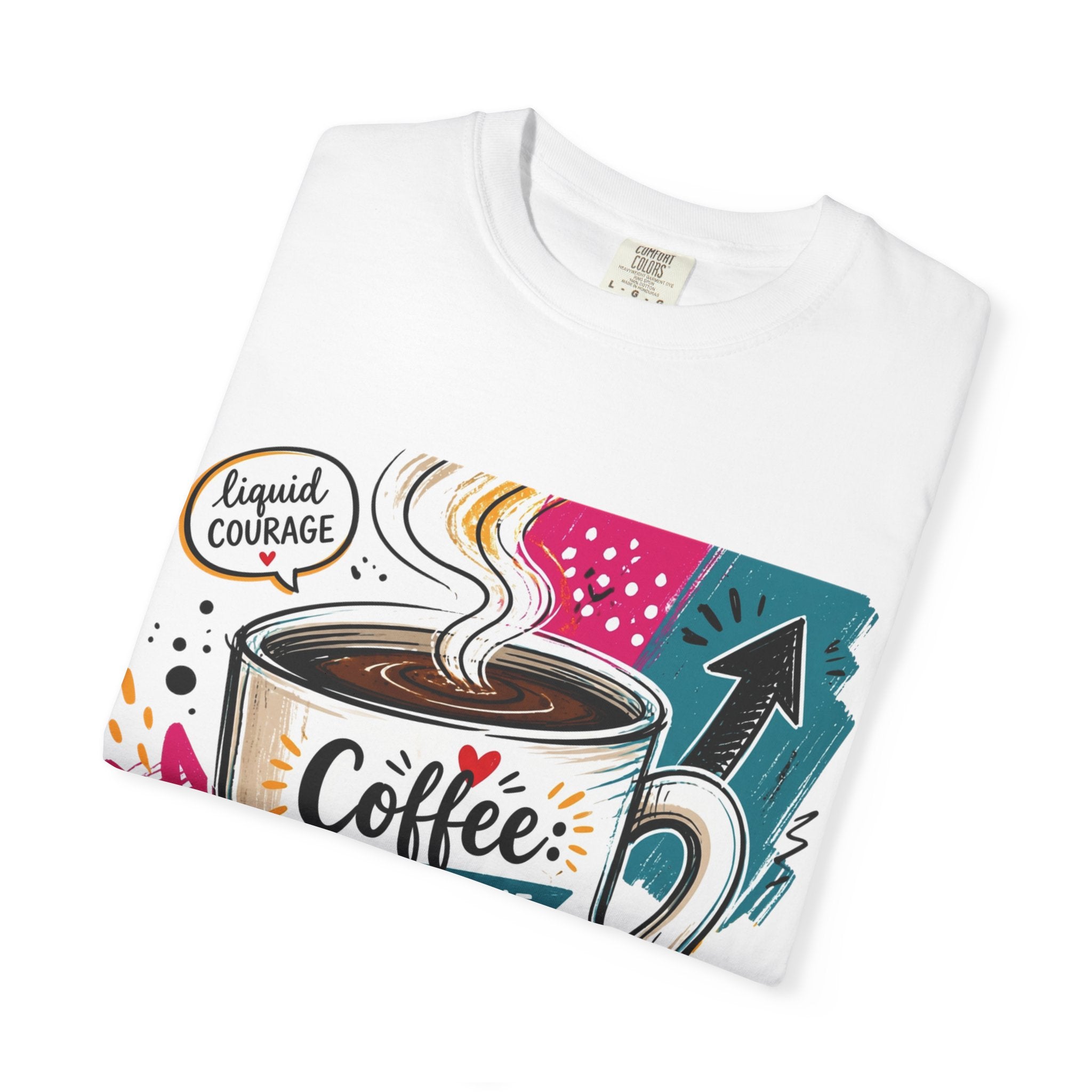 White t-shirt folded to show the tall striped mug set into a busy retro collage print