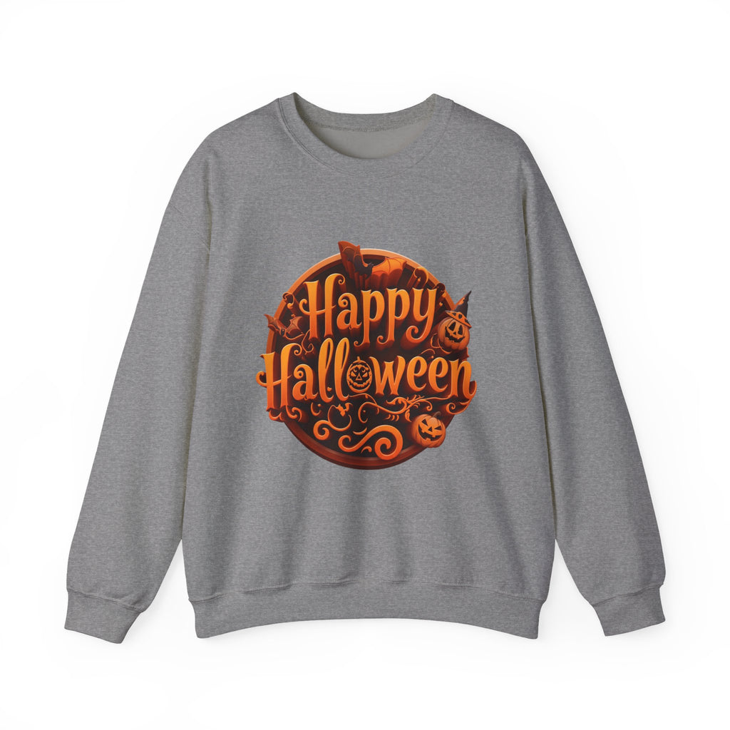 Graphite Heather crewneck sweatshirt laid flat, printed with a glowing orange happy halloween script fills a round badge