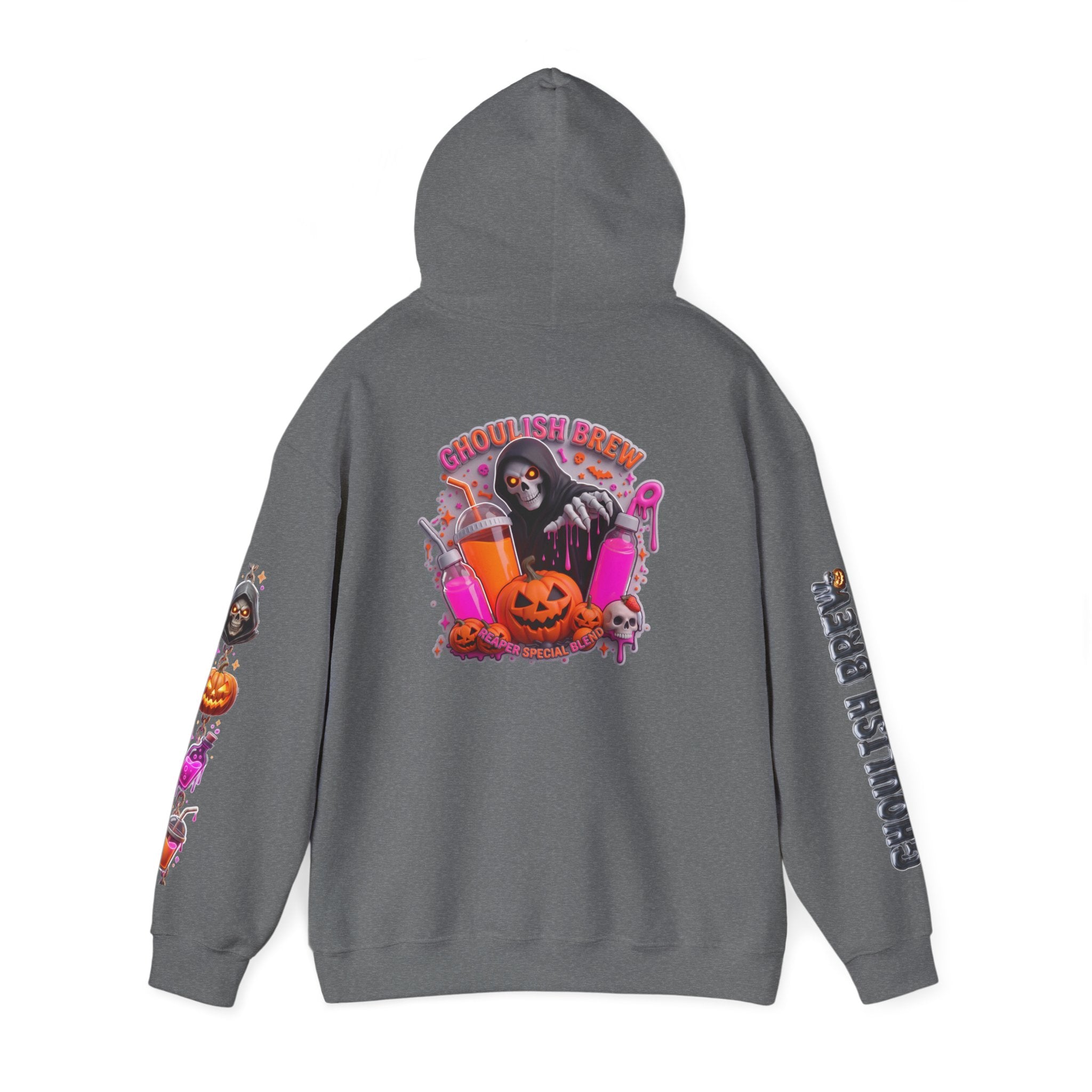 Graphite Heather hoodie folded to show the potion co. halloween graphic of jack-o-lanterns and potion bottles print