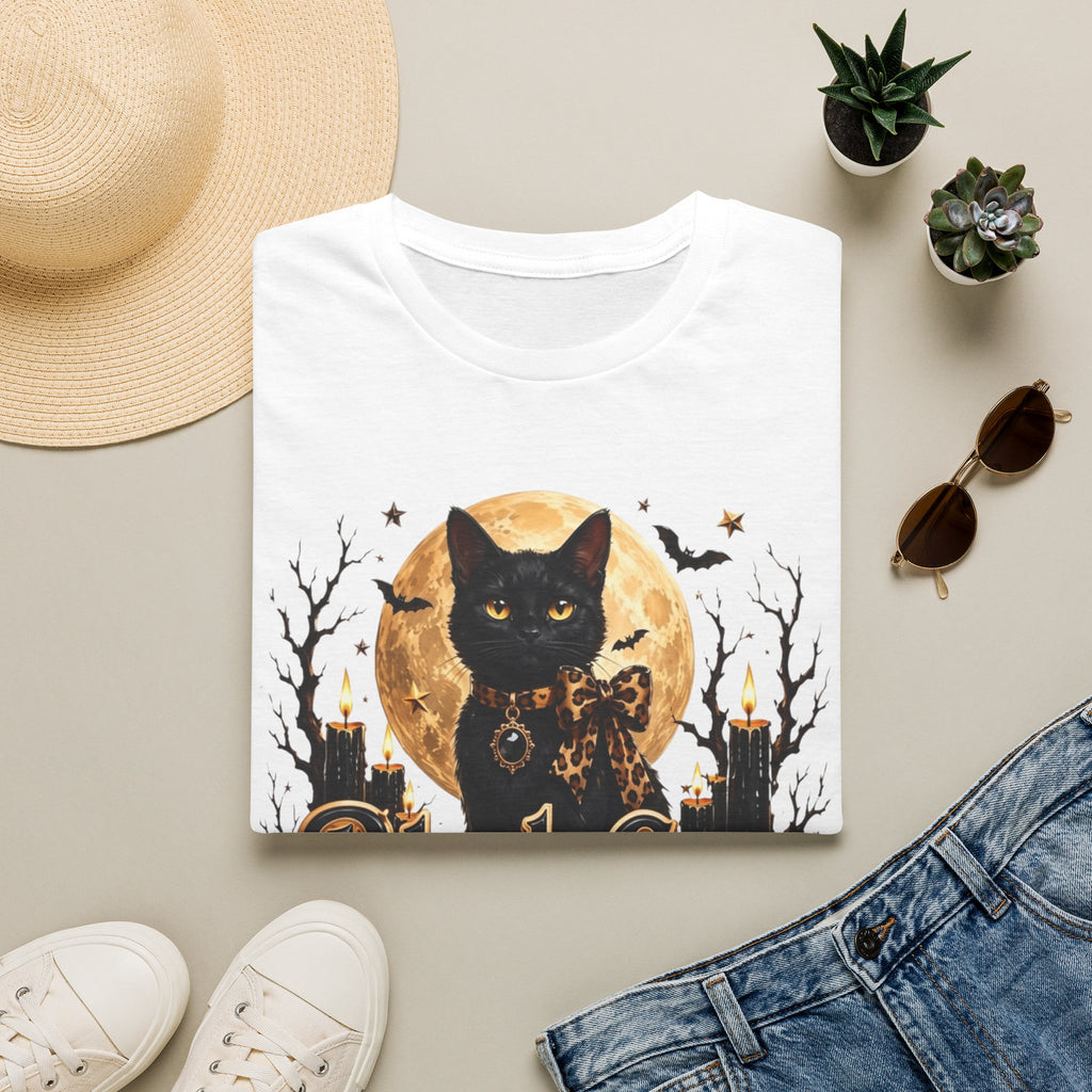 White t-shirt styled flat with a candle — black cat before a full moon