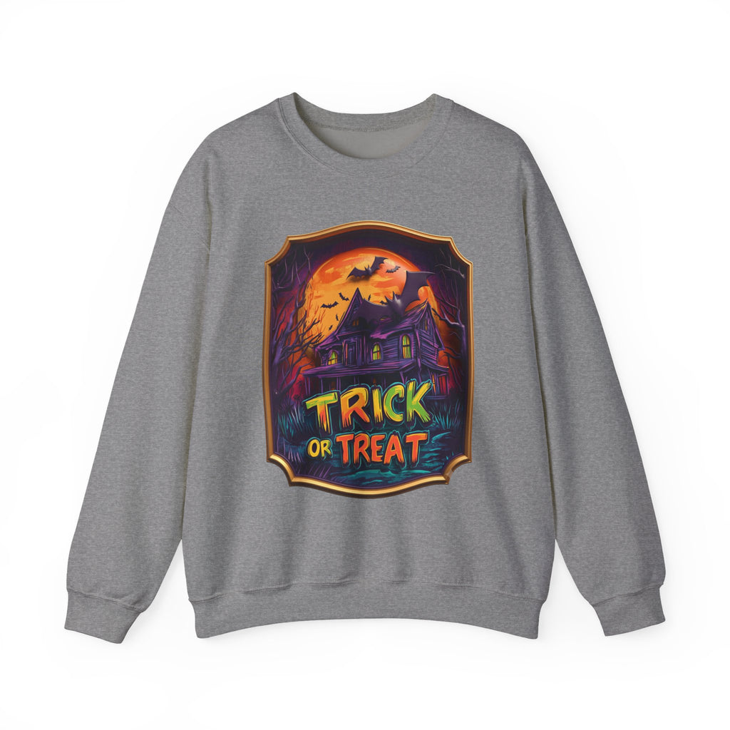 Graphite Heather crewneck sweatshirt laid flat, printed with a purple haunted mansion sits under a blazing orange moon
