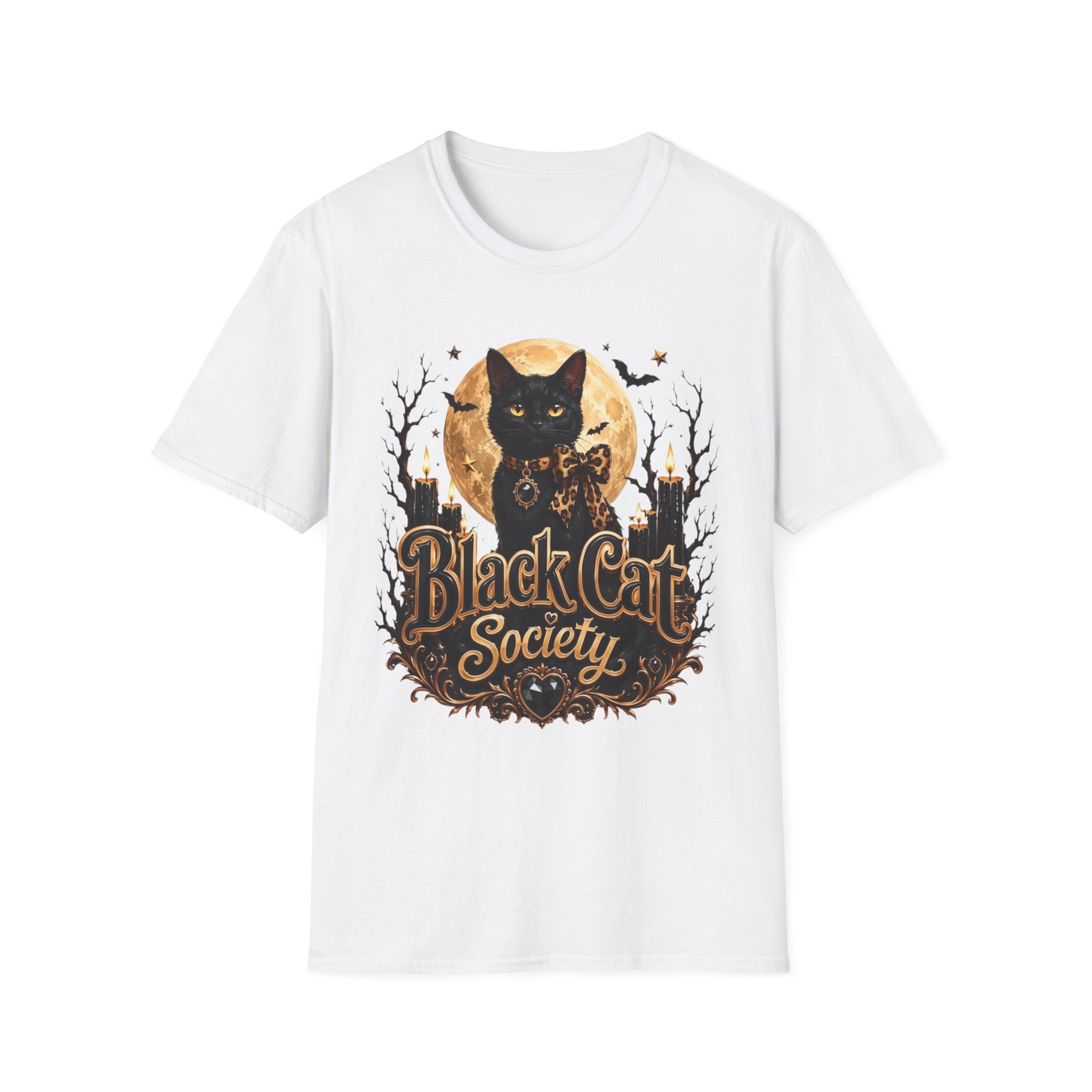 White t-shirt laid flat, printed with a black cat before a glowing full moon