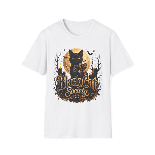 White t-shirt laid flat, printed with a black cat before a glowing full moon