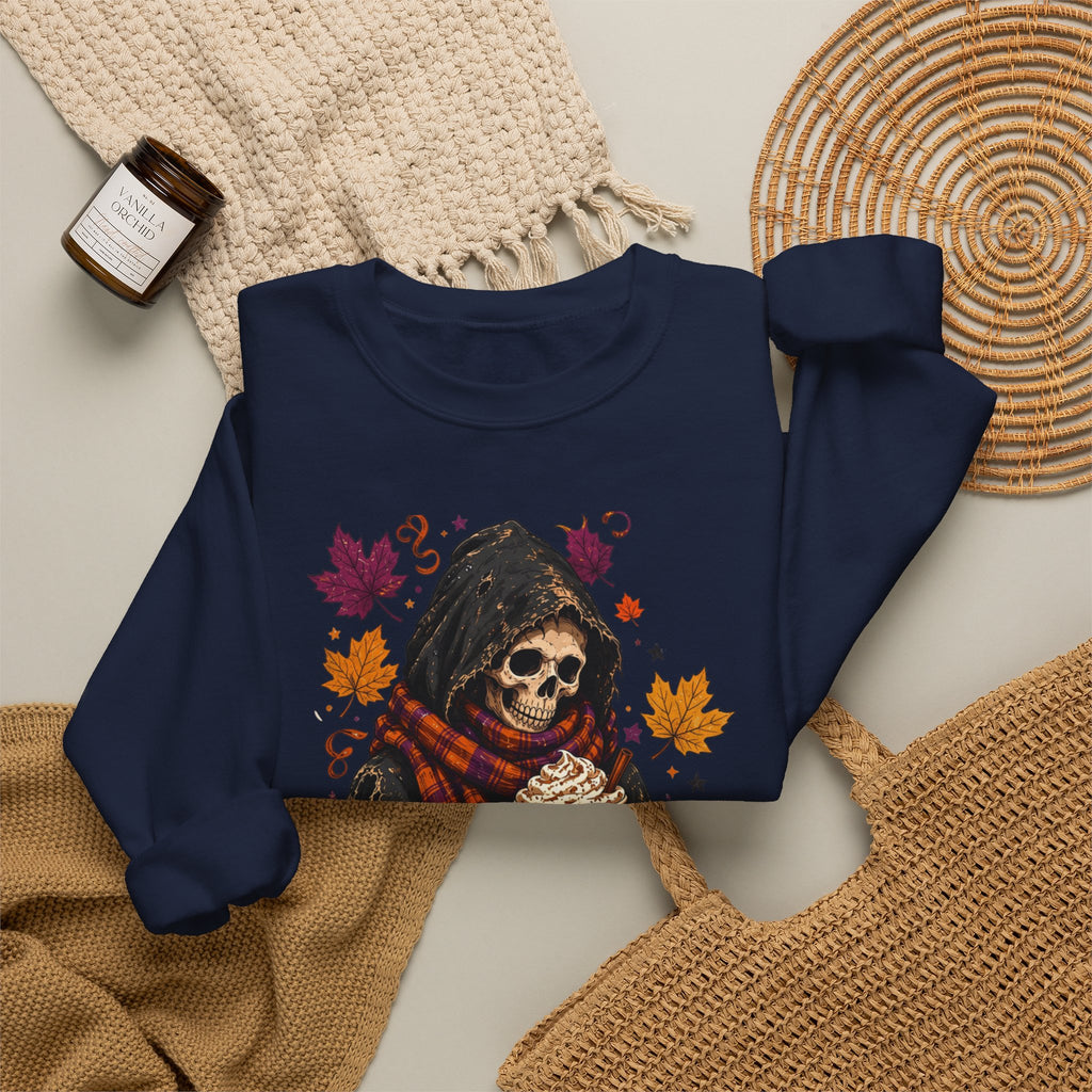 Navy crewneck sweatshirt styled flat with a candle — hooded skeleton with pumpkin spice drink