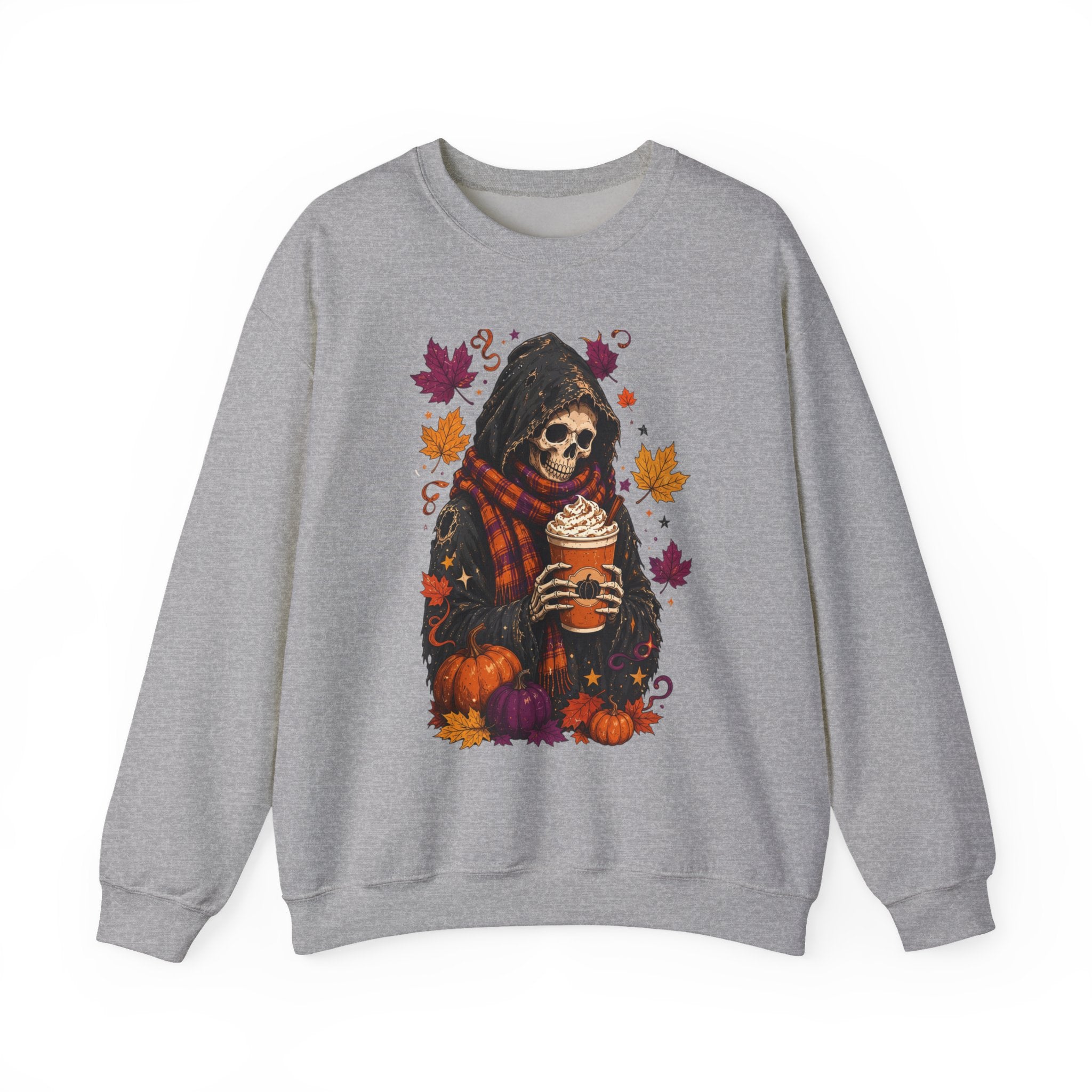 Sport Grey crewneck sweatshirt laid flat, printed with a hooded skeleton holding a pumpkin spice drink