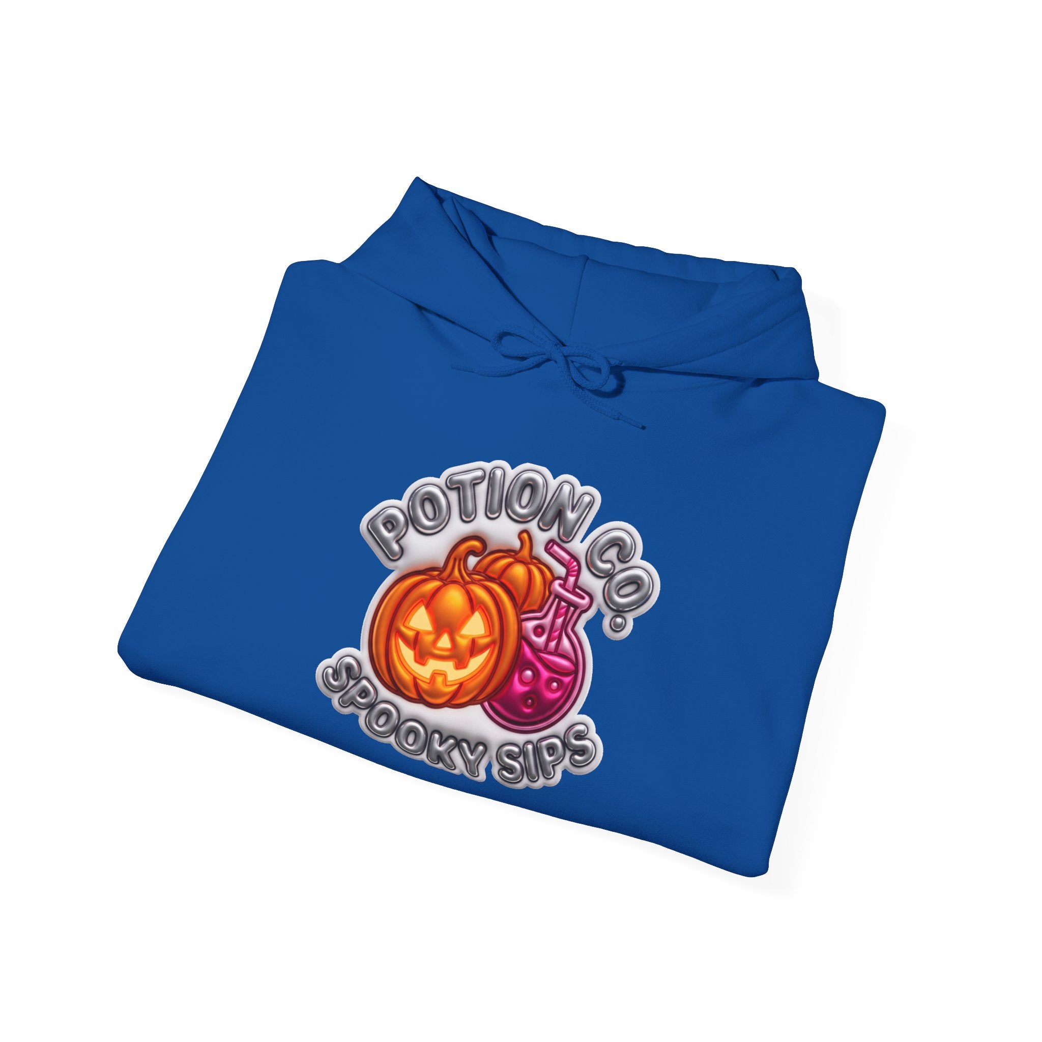 Royal hoodie styled flat with a candle — Potion Co jack-o-lanterns and potion bottles