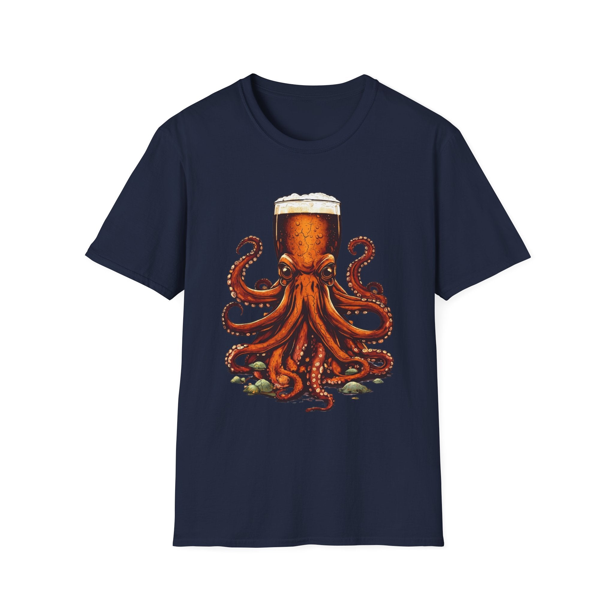 Navy t-shirt laid flat, printed with a detailed octopus wrapped around a full glass of beer