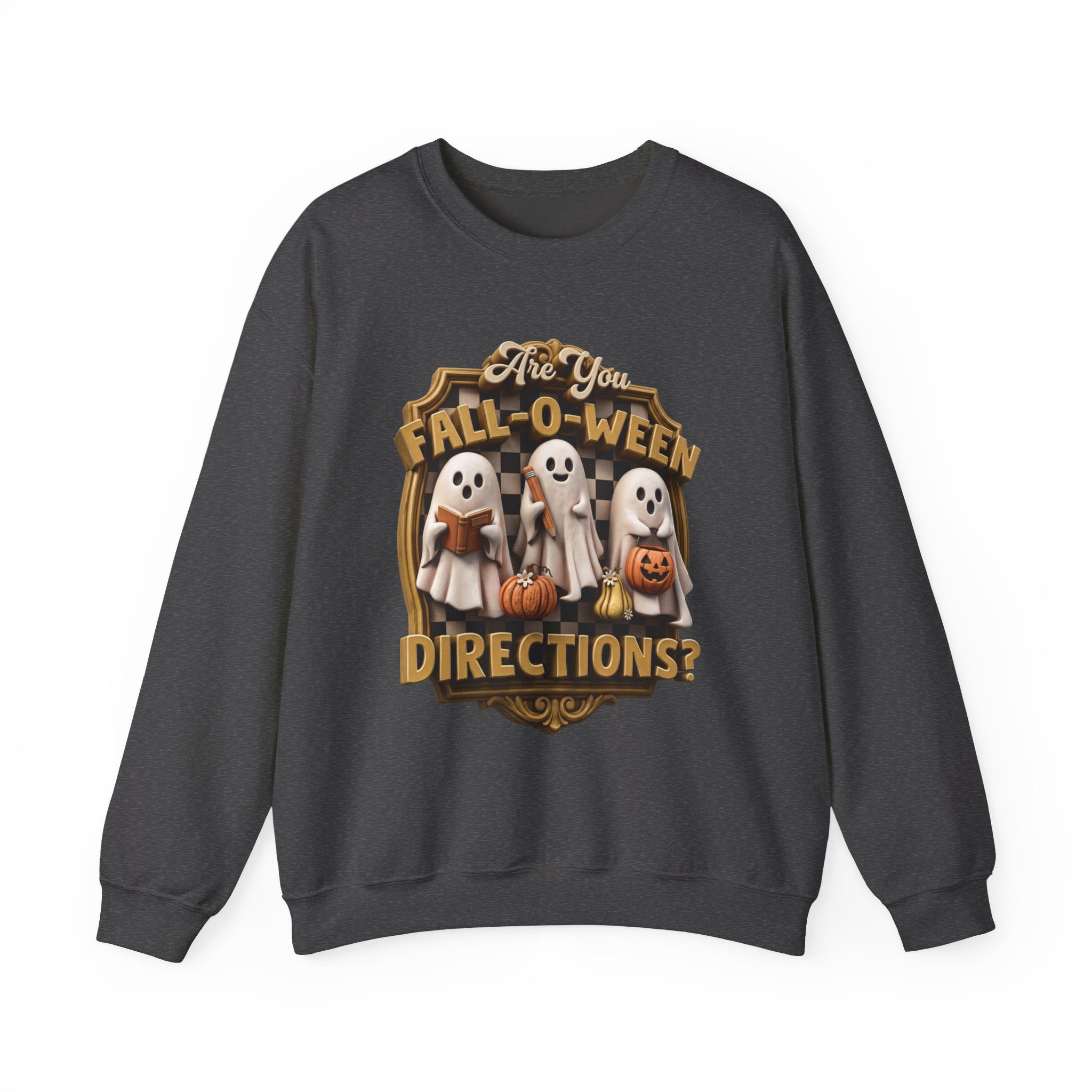 Dark Heather crewneck sweatshirt laid flat, printed with a three little sheet ghosts read a book and carry