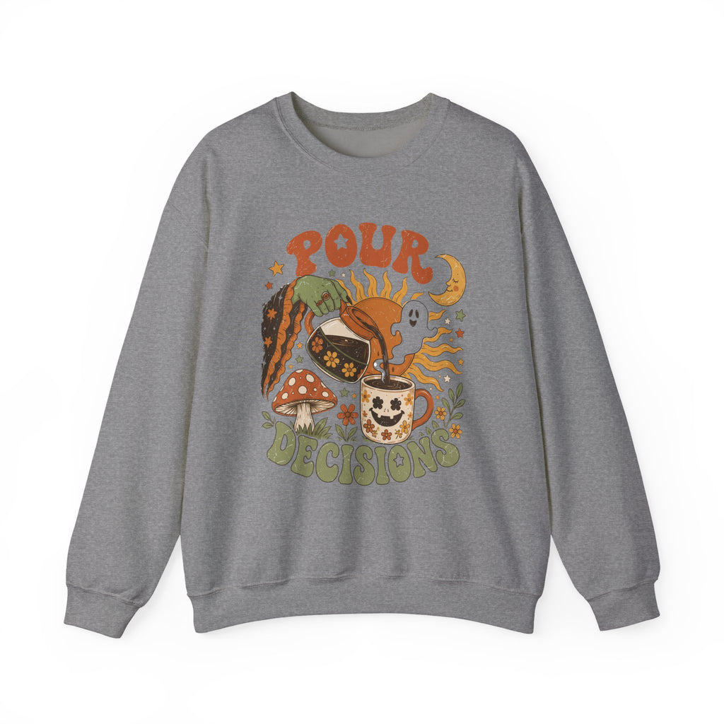 Graphite Heather crewneck sweatshirt laid flat, printed with a green witch hand tipping a flower-patterned coffee pot into