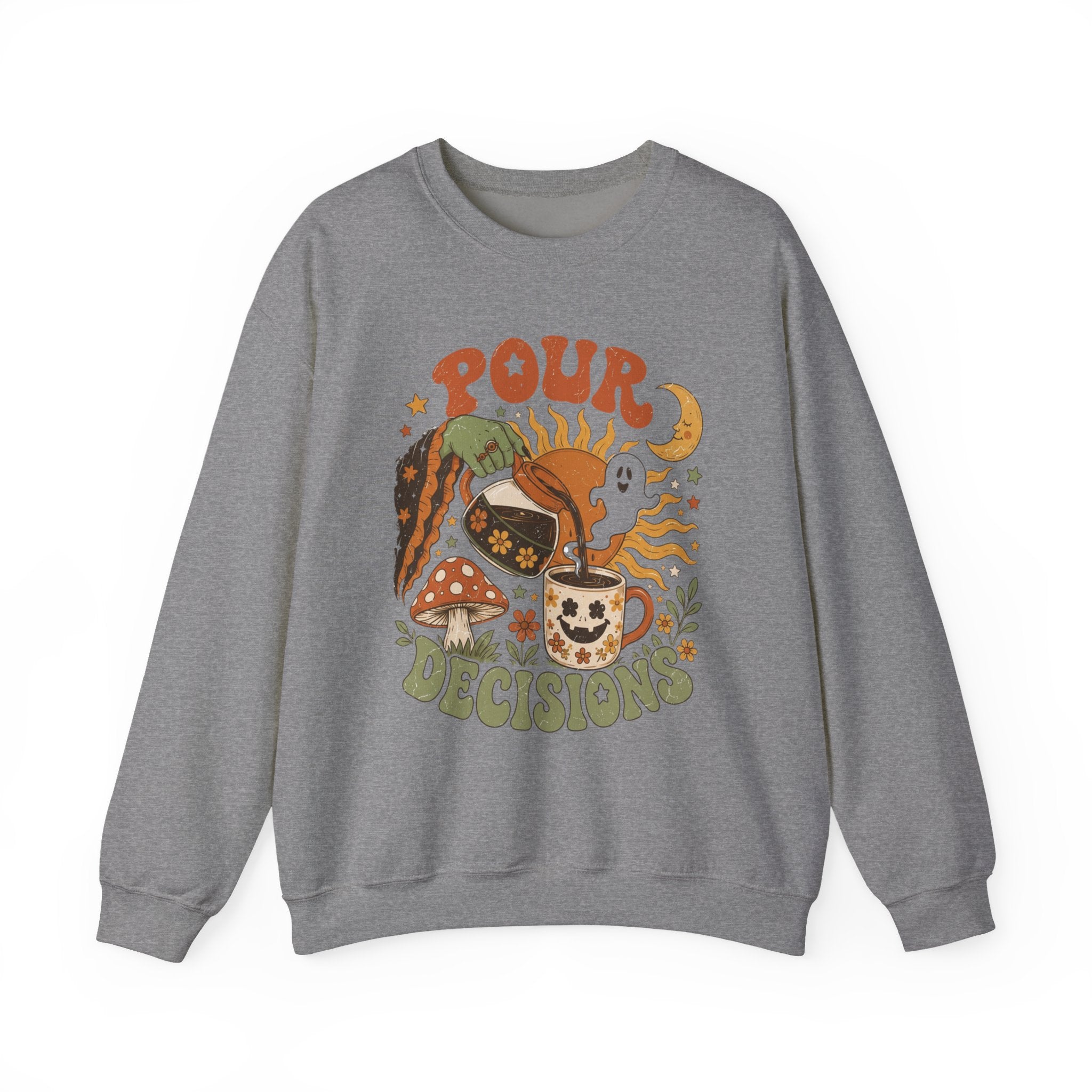 Graphite Heather crewneck sweatshirt laid flat, printed with a green witch hand tipping a flower-patterned coffee pot into
