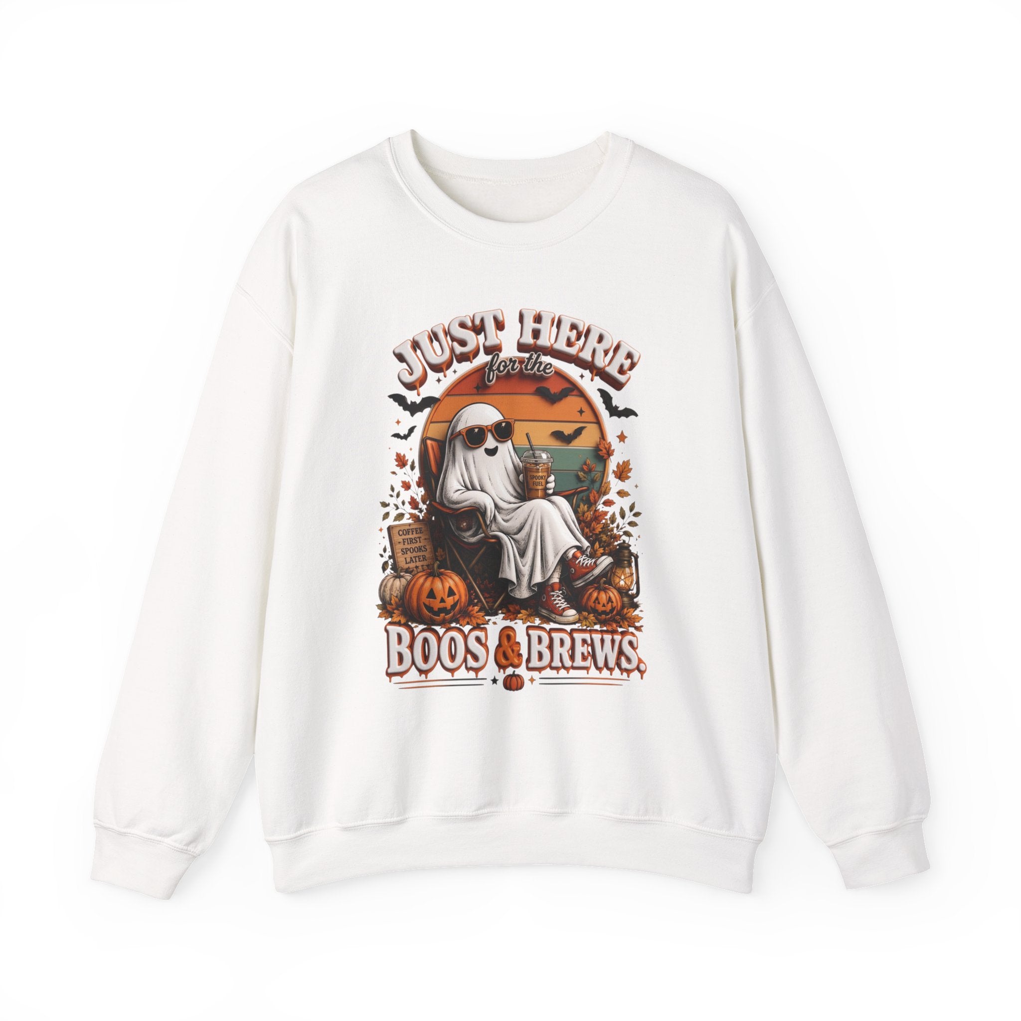 White crewneck sweatshirt laid flat, printed with a ghost in sunglasses kicks back with an iced coffee