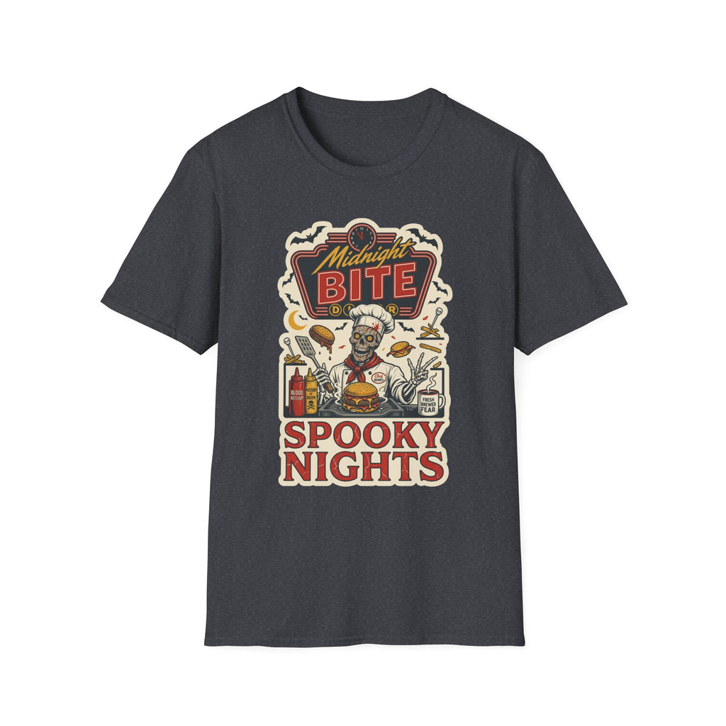 Dark Heather Grey t-shirt, plain back — late-night diner sign on the front