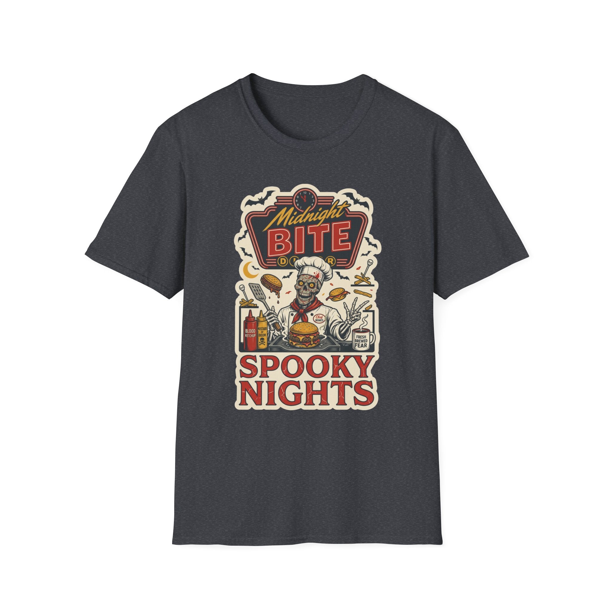 Dark Heather Grey t-shirt, plain back — late-night diner sign on the front