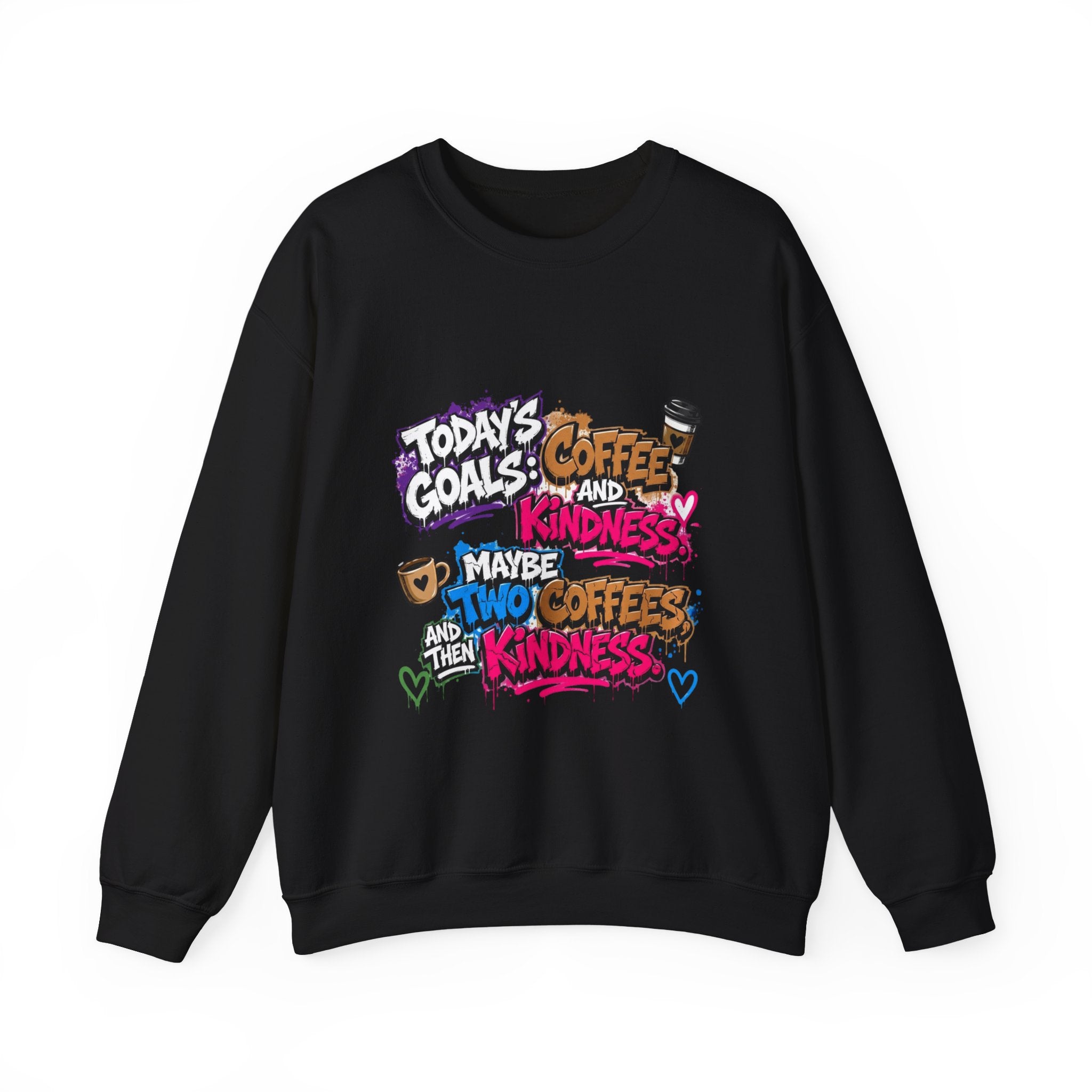 Black crewneck sweatshirt laid flat, printed with a stacked graffiti lettering in electric pinks