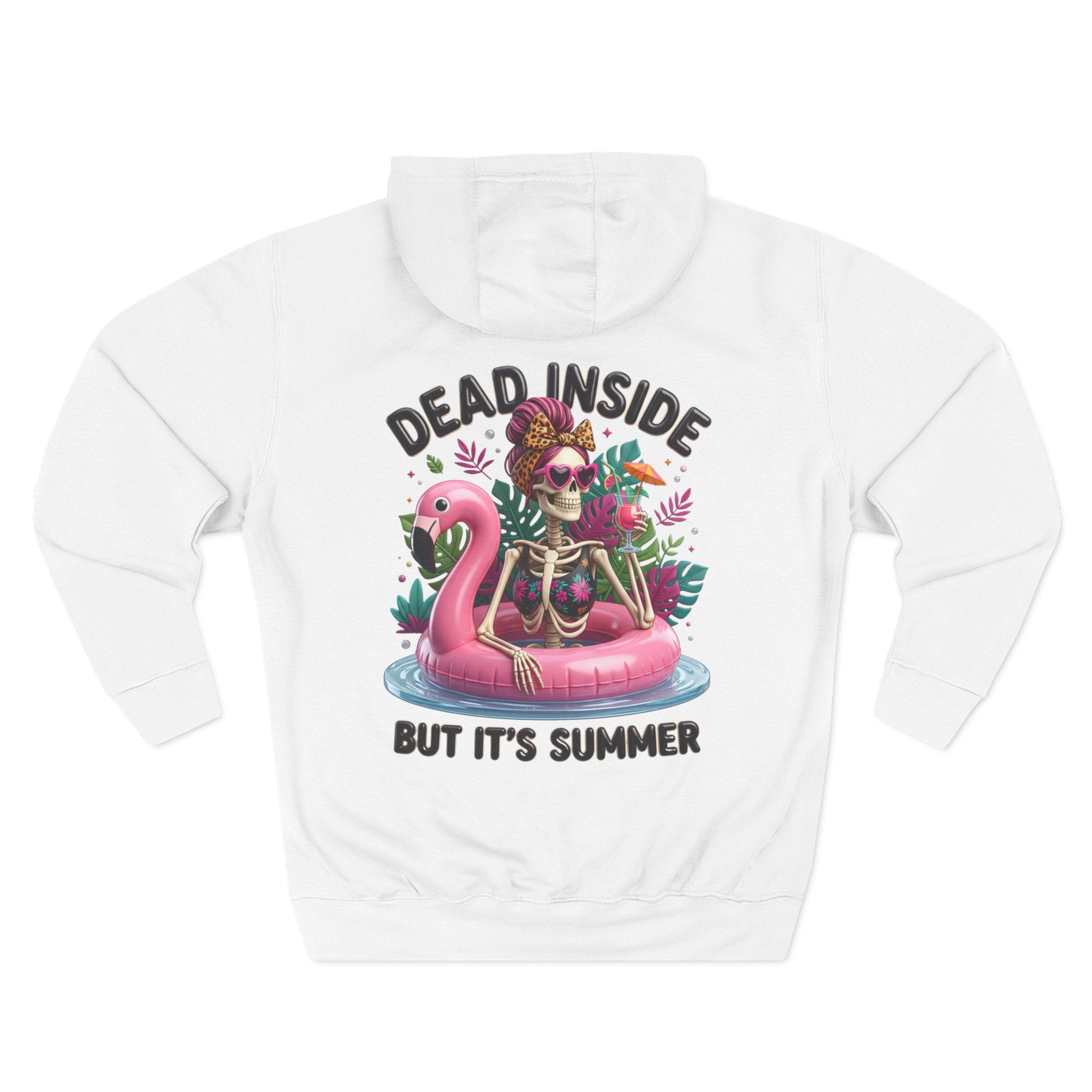 White hoodie, plain back — retro pink skeleton on the front