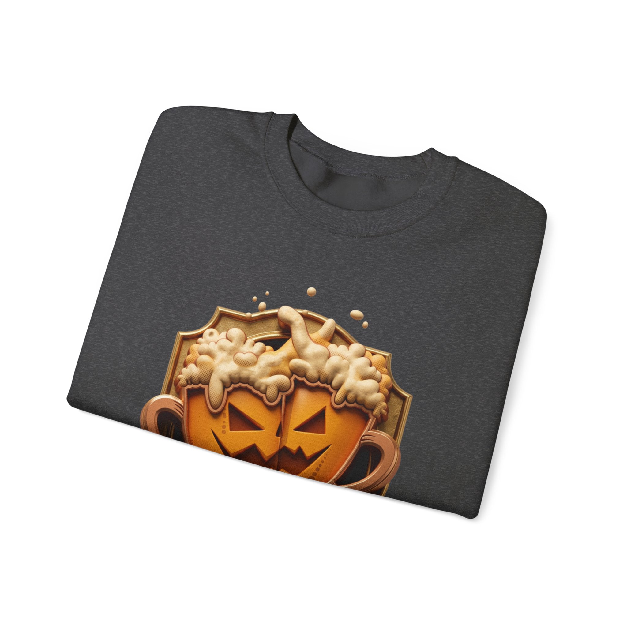 Dark Heather crewneck sweatshirt folded to show the two frothy beer mugs carved with jack-o-lantern faces clink print