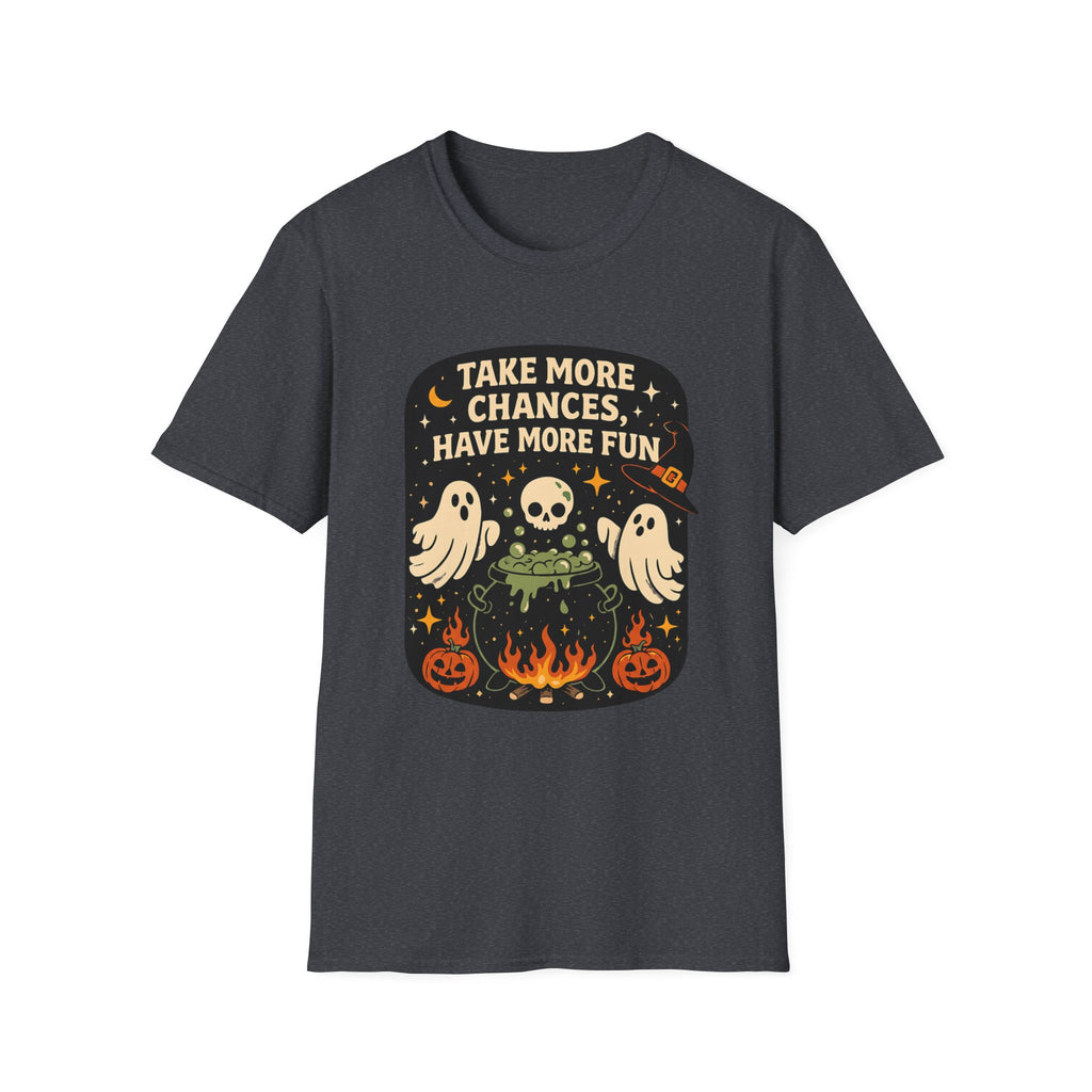 Dark Heather Grey t-shirt, plain back — two ghosts around a campfire on the front