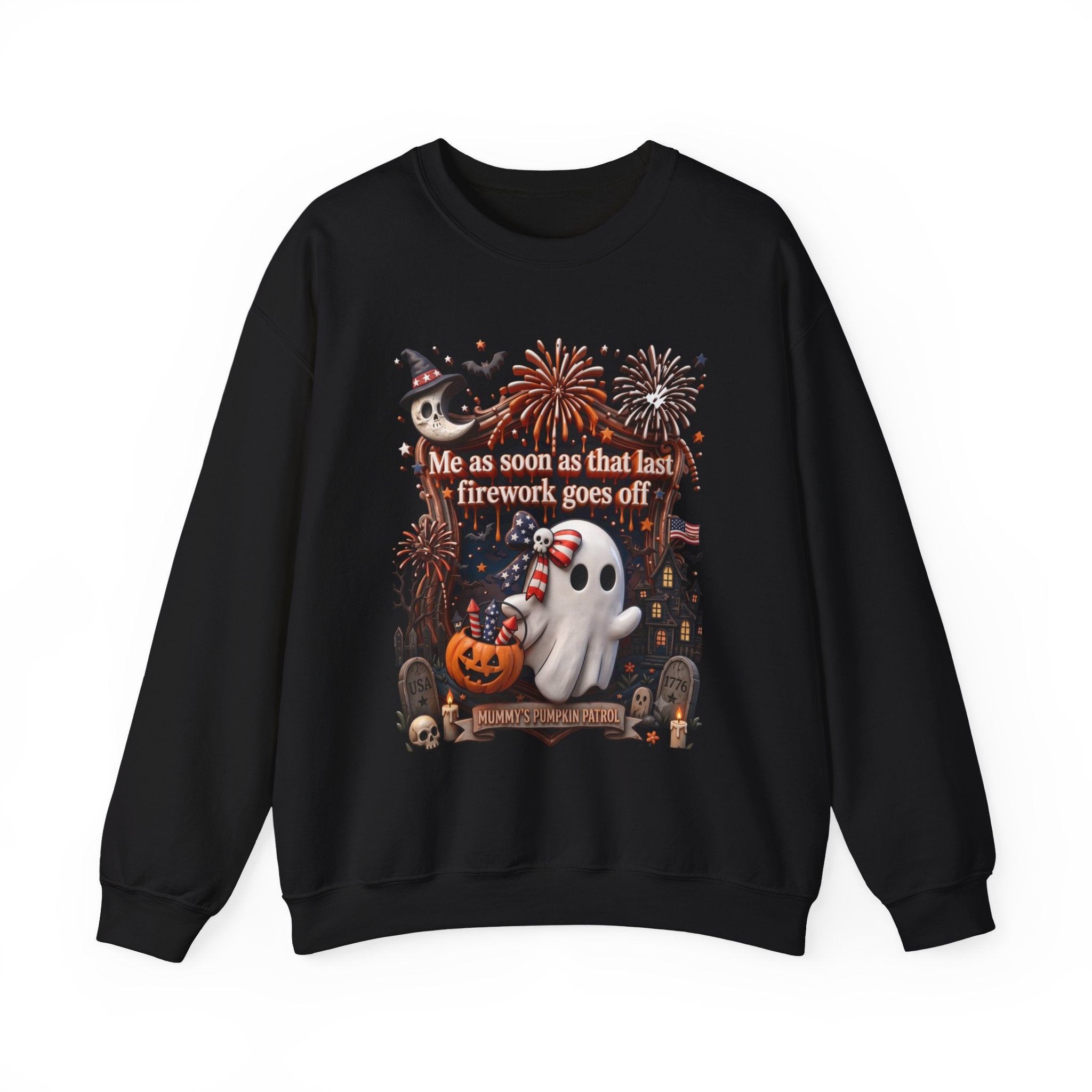 Black crewneck sweatshirt laid flat, printed with a wide-eyed ghost clutches a striped firework