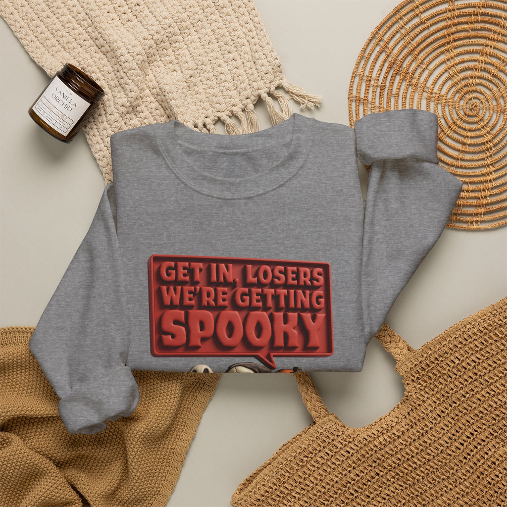 Graphite Heather crewneck sweatshirt styled flat with a candle — ghosts in a retro convertible