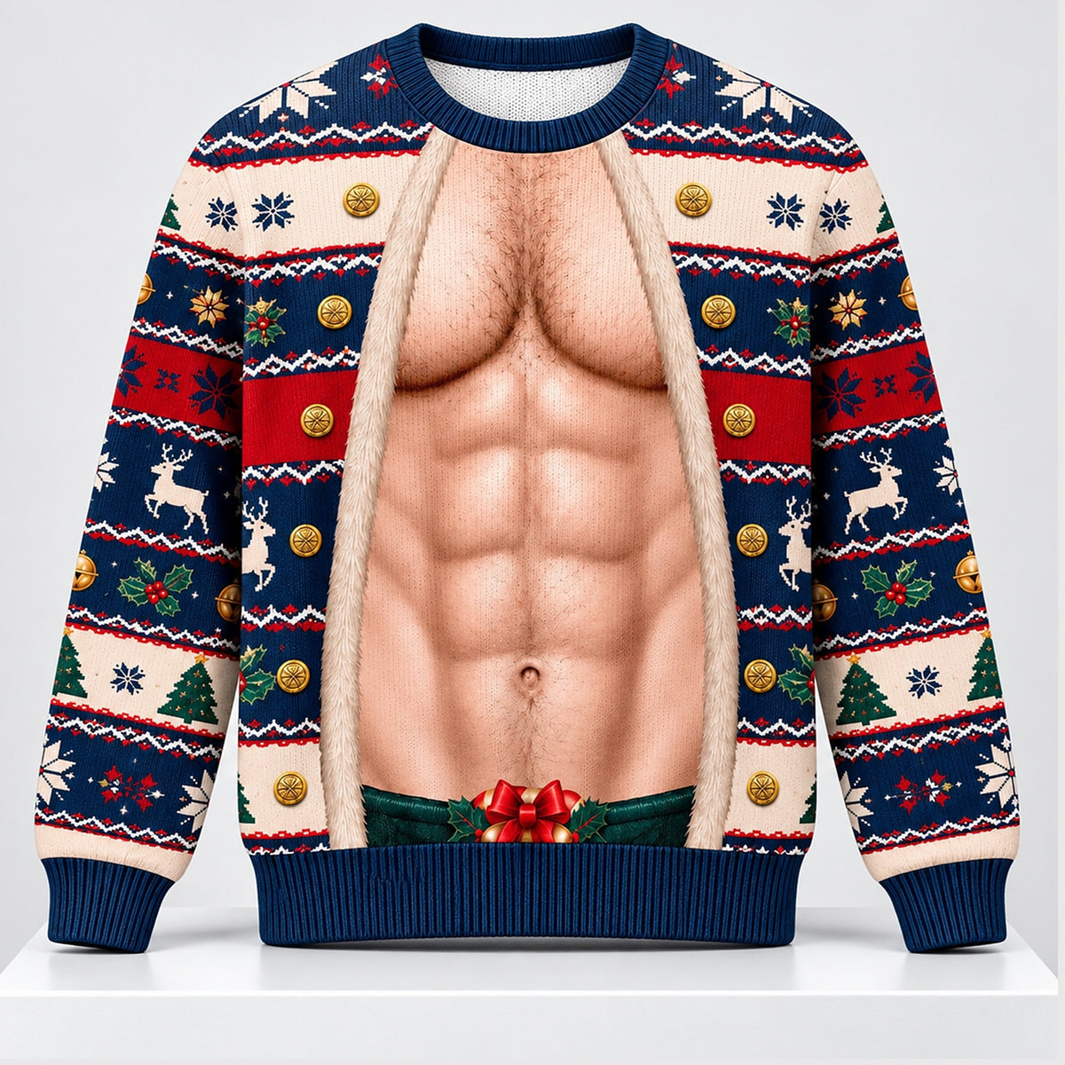 Funny Christmas Ugly Sweater Faux Abs Santa Jacket