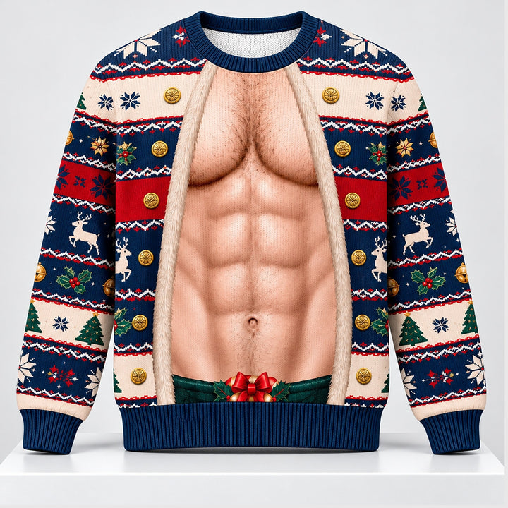 Funny Christmas Ugly Sweater Faux Abs Santa Jacket