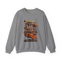 Graphite Heather crewneck sweatshirt laid flat, printed with a aged danger sign hangs above a cluster of glowing