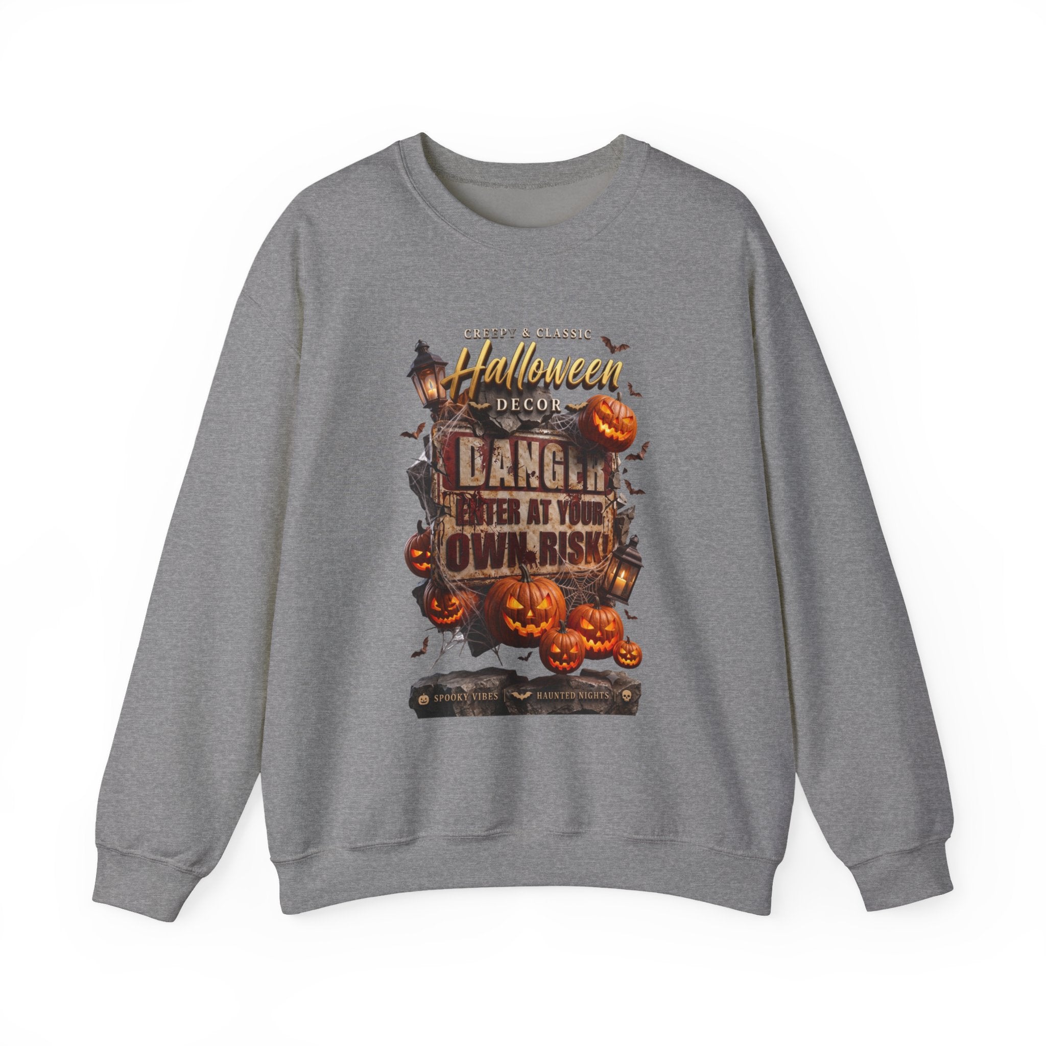 Graphite Heather crewneck sweatshirt laid flat, printed with a aged danger sign hangs above a cluster of glowing