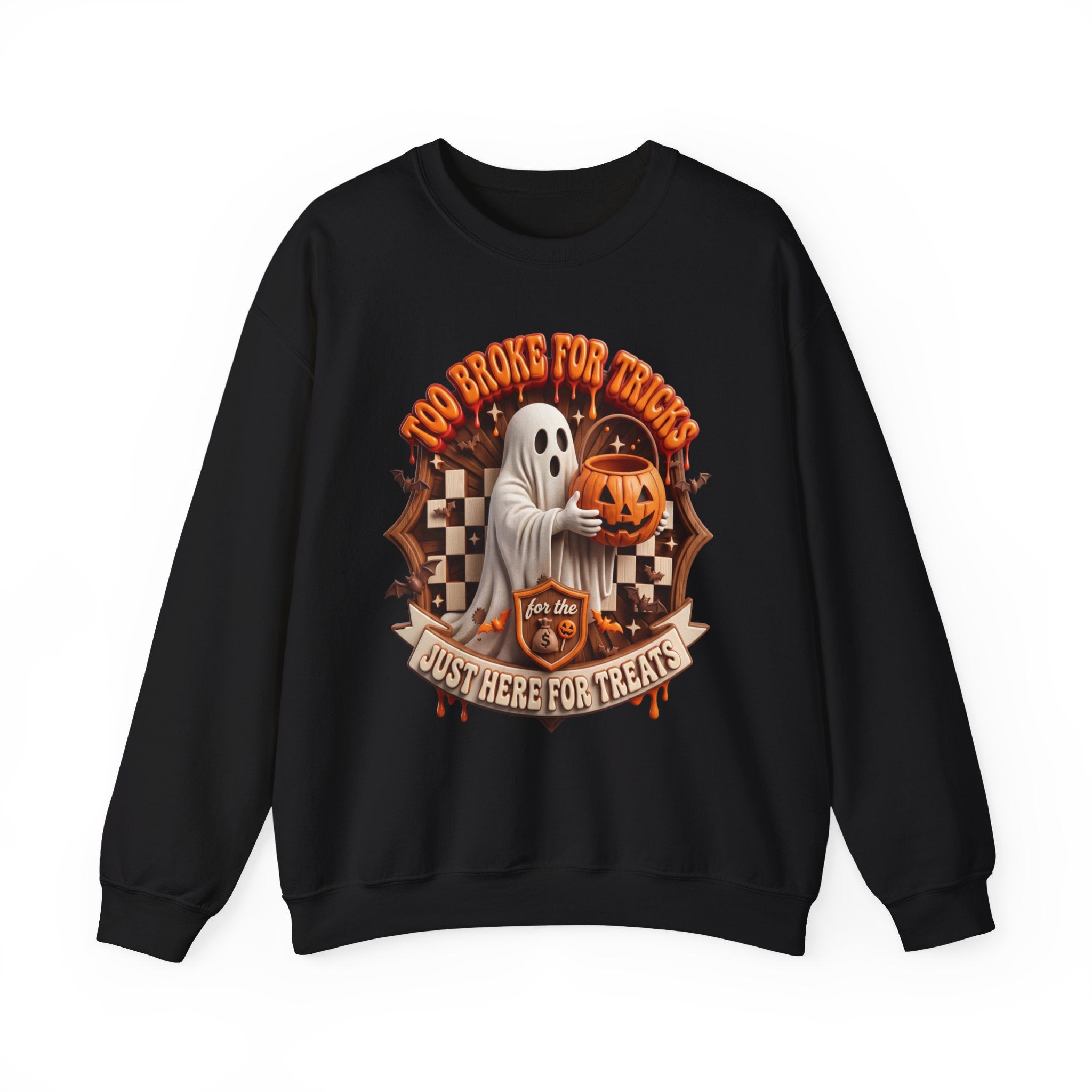 Black crewneck sweatshirt laid flat, printed with a sheet ghost hugs a jack-o-lantern candy pail