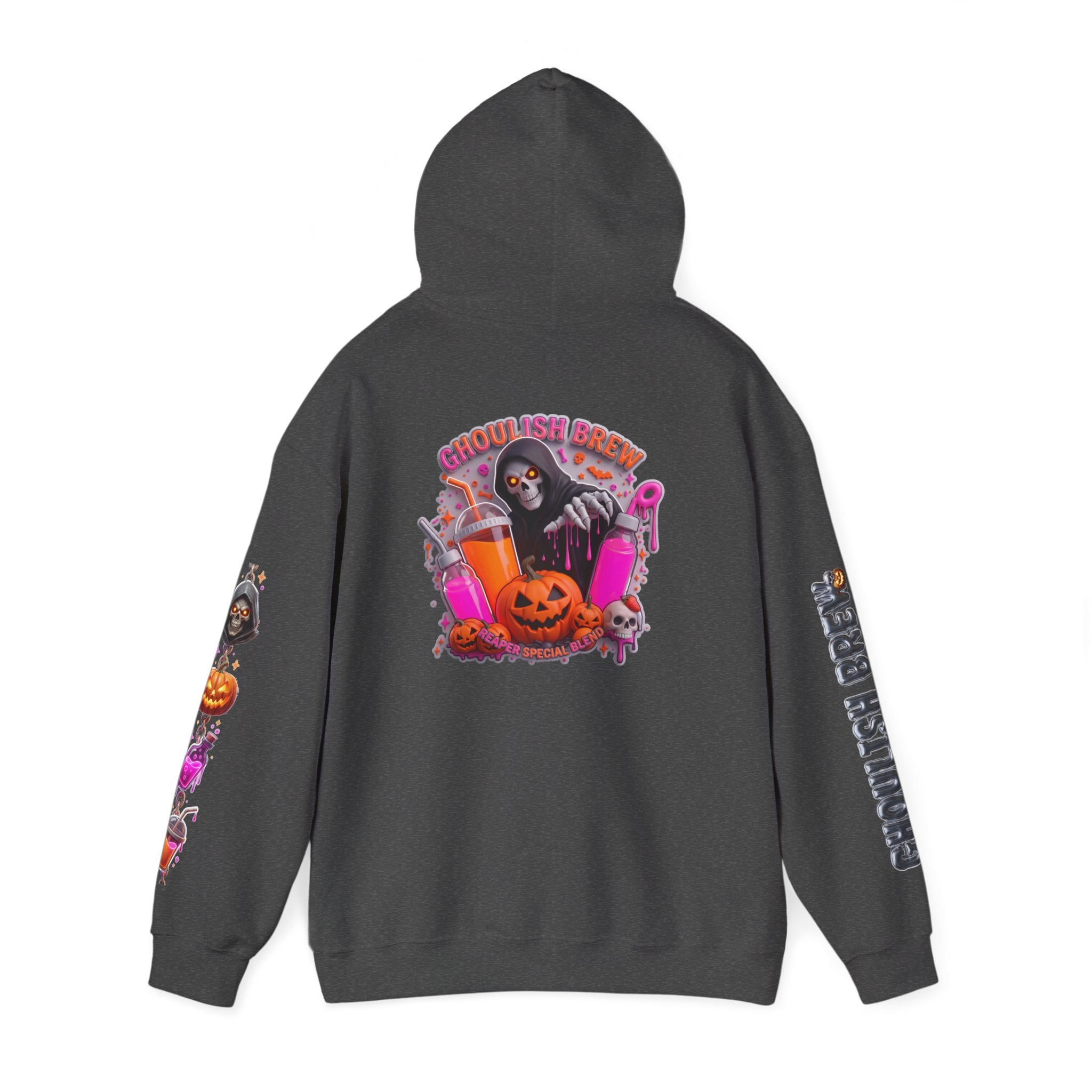 Dark Heather hoodie folded to show the potion co. halloween graphic of jack-o-lanterns and potion bottles print