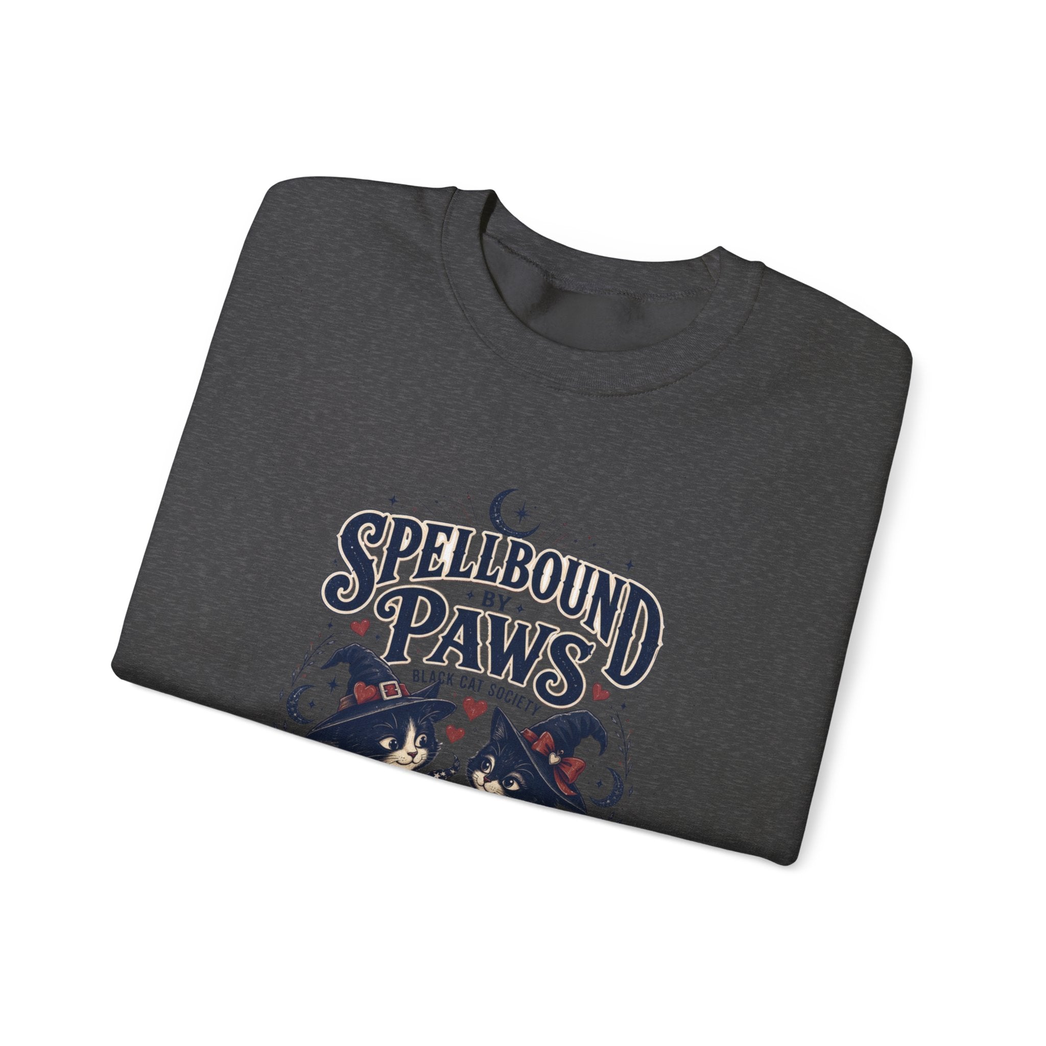 Dark Heather crewneck sweatshirt folded to show the two black cats in witch hats print